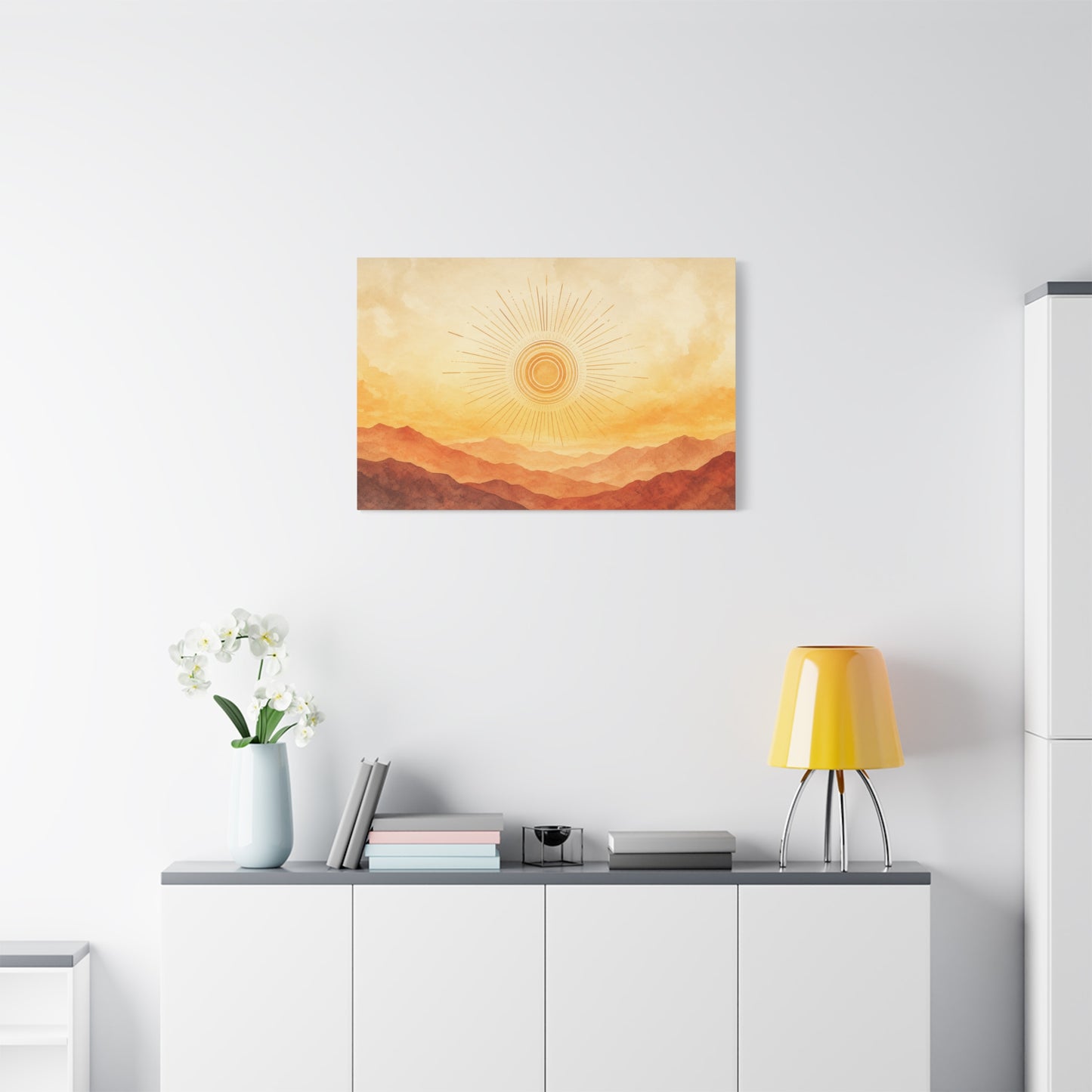 Sunburst Desert Mountain Canvas Wall Art - Golden Watercolor Landscape Print, Contemporary Southwest Style - Living Room Wall Decor, Bedroom Home Decoration, Meditation Space Accent - Ready to Hang