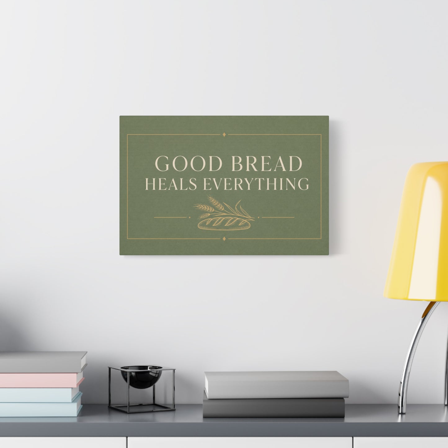 "Good Bread Heals Everything" Canvas Wall Art - Vintage Bread Quote Print, Sage Green Typography, Rustic Farmhouse Style - Ready to Hang - Deli Wall Decor - Sandwich Shop Sign - Diner Decor