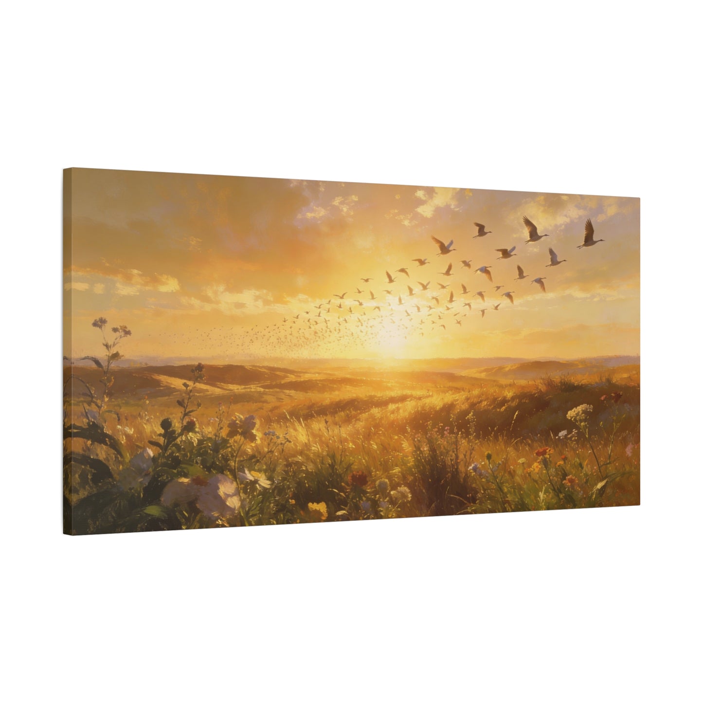 Golden Meadow Sunrise Canvas Wall Art - Flying Birds Over Wildflower Landscape, Lighted Patriotic Wall Hanging Banne Tone, Matte Finish Print - Rustic Living Room Decor - Bedroom Home Decoration