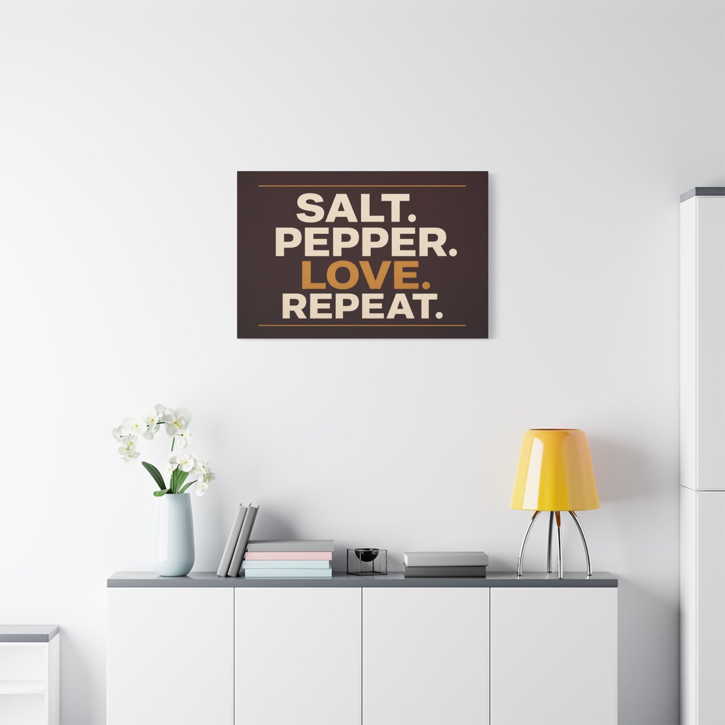 "Salt. Pepper. Love. Repeat." Typography Canvas Wall Art - Kitchen Quote Wall Decor, Modern Farmhouse Home Decoration, Brown And Gold Minimalist Canvas Print For Dining Room - Bedroom Home Decoration