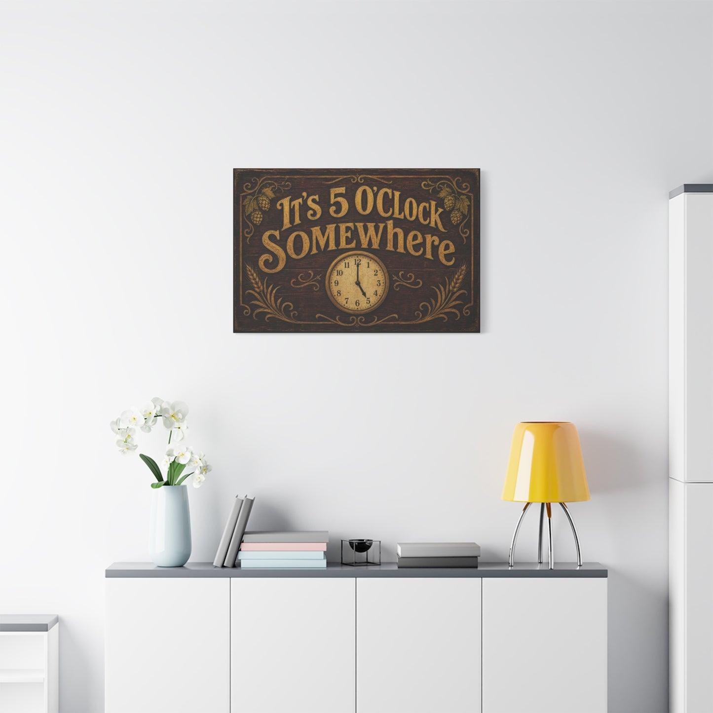 "It's 5 O'Clock Somewhere" Canvas Wall Art - Rustic Bar Sign, Vintage Clock Typography - Farmhouse Pub Decor, Brown Gold - Pub Wall Art - Cocktail Lounge Decor - Speakeasy Style Sign - Ready to Hang