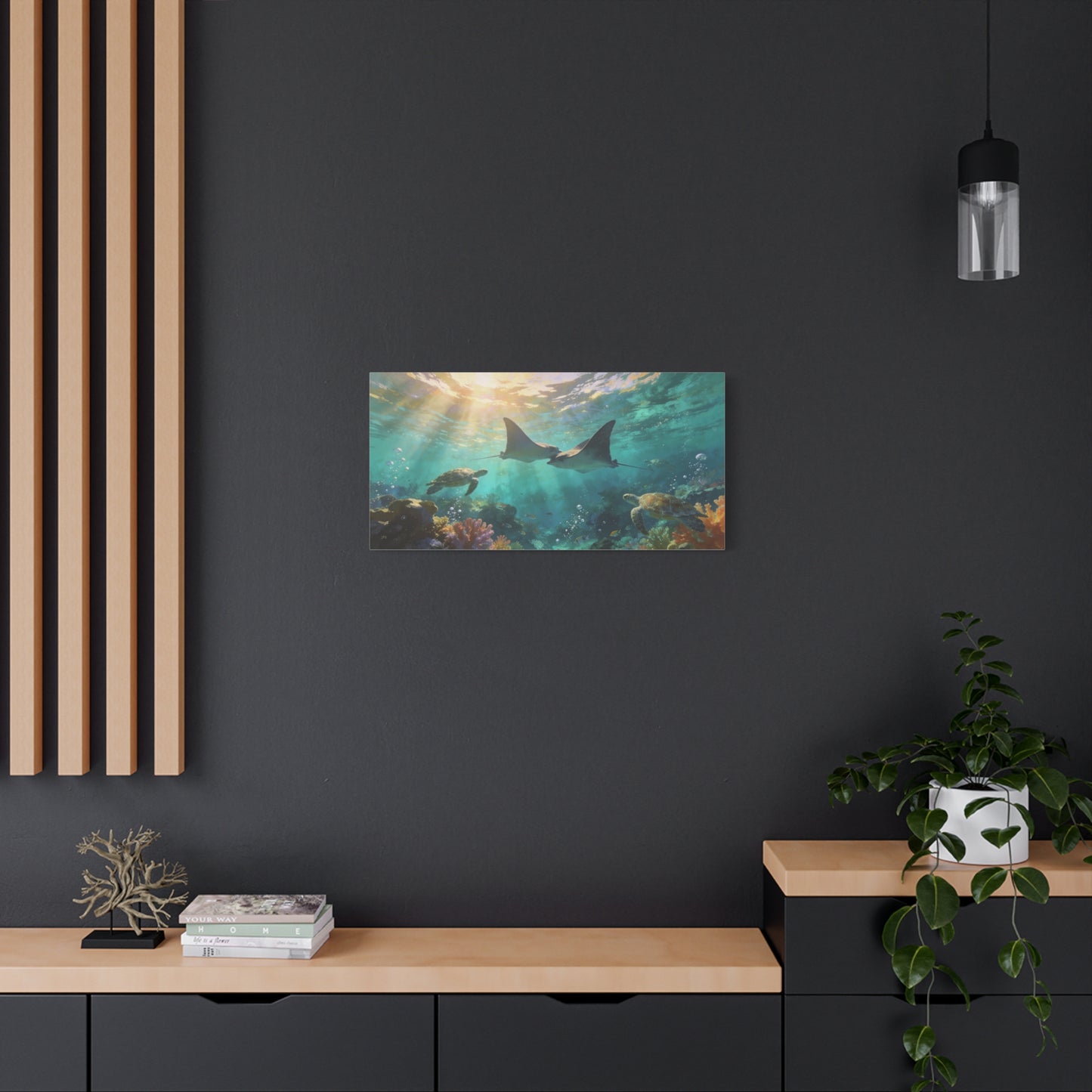 Manta Ray And Sea Turtle Canvas Wall Art - Underwater Ocean Reef Scene, Coastal Wall Decor - Matte Cotton Canvas Print - Contemporary Seascape Style - Living Room Bedroom Office - Ready to Hang