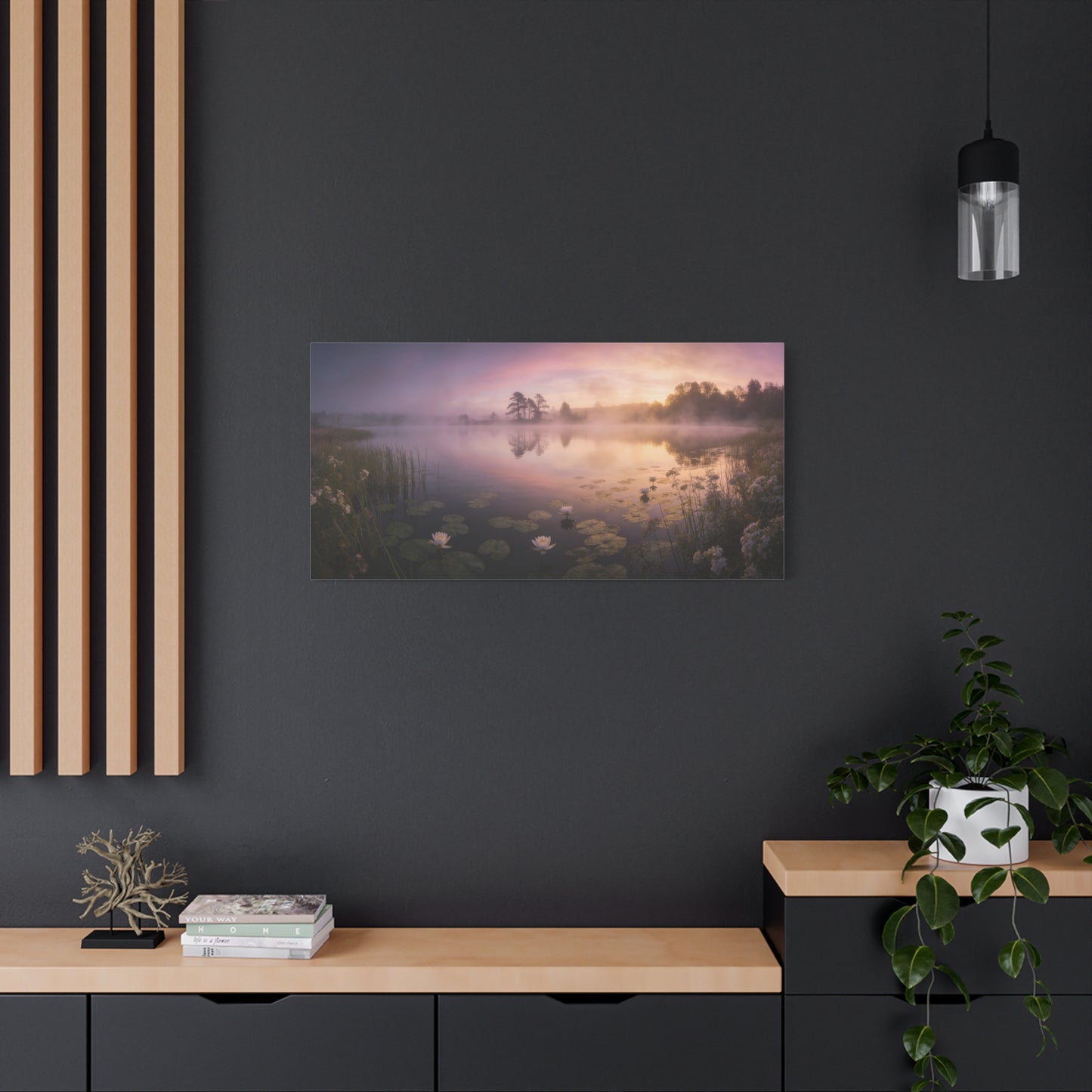 Misty Lake Sunrise Canvas Wall Art - Water Lily Pond Landscape Art Print, Soft Pink And Gold Sky - Serene Nature Decor - Matte Finish Canvas Print - Living Room Wall Decor Bedroom Home Decoration