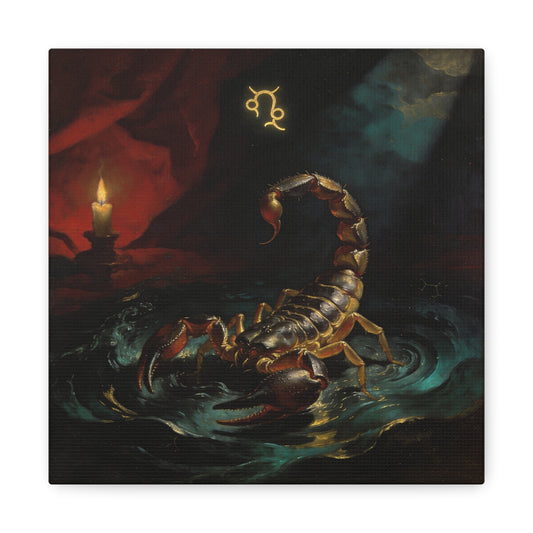 Scorpion Zodiac Canvas Wall Decor - Candlelit Astrology Painting, Dark Vintage Gothic Print - Matte Cotton Canvas, Mysterious Maximalist Style - Bedroom Decoration, Study Accent - Office Wall Art