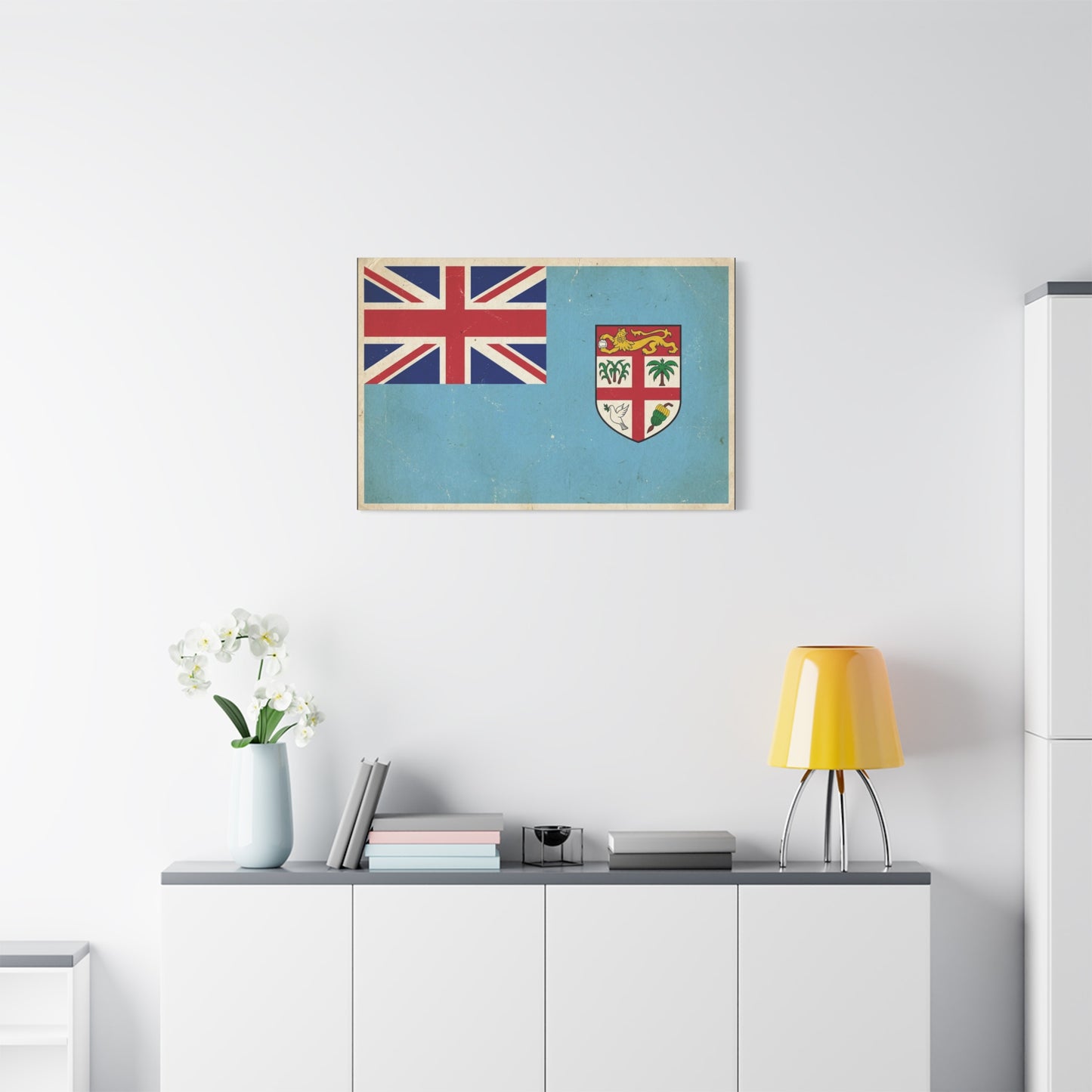 Vintage Fiji Flag Canvas Wall Art - Distressed British Ensign And Shield Print - Retro Patriotic Decor, Coastal Blue Island Style, Living Room Wall Decor, Office Art - Ready to Hang - Ready to Hang
