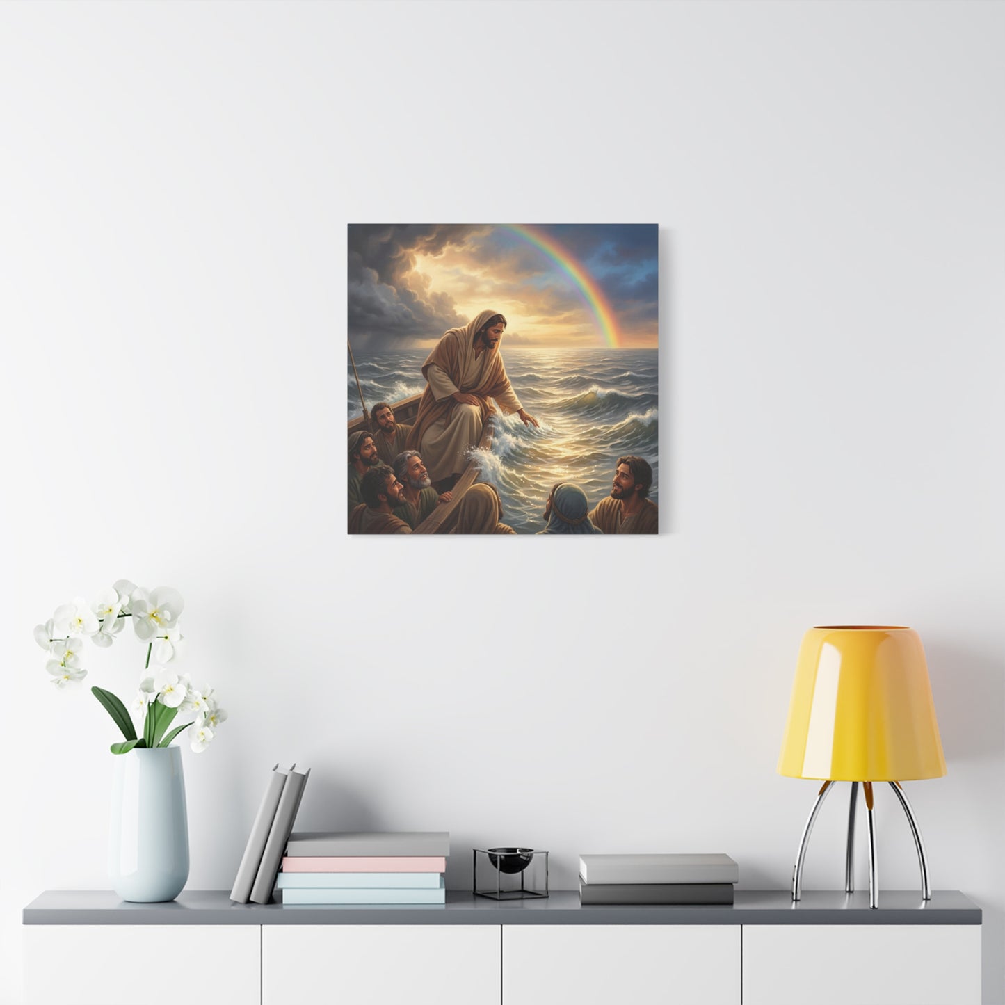 Jesus Christ Walking On Water Canvas Wall Art - Rainbow Over Stormy Sea, Disciples In Boat - Matte Cotton Print - Traditional Religious Style - Living Room Wall Decor - Bedroom Home Decoration