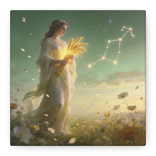 Virgo Maiden Canvas Wall Art - Celestial Wheat Goddess Illustration, Luminous Zodiac Sky, Matte Cotton Print, Bohemian Bedroom Decor, Meditation Space Accent, Ready To Hang - Living Room Wall Decor