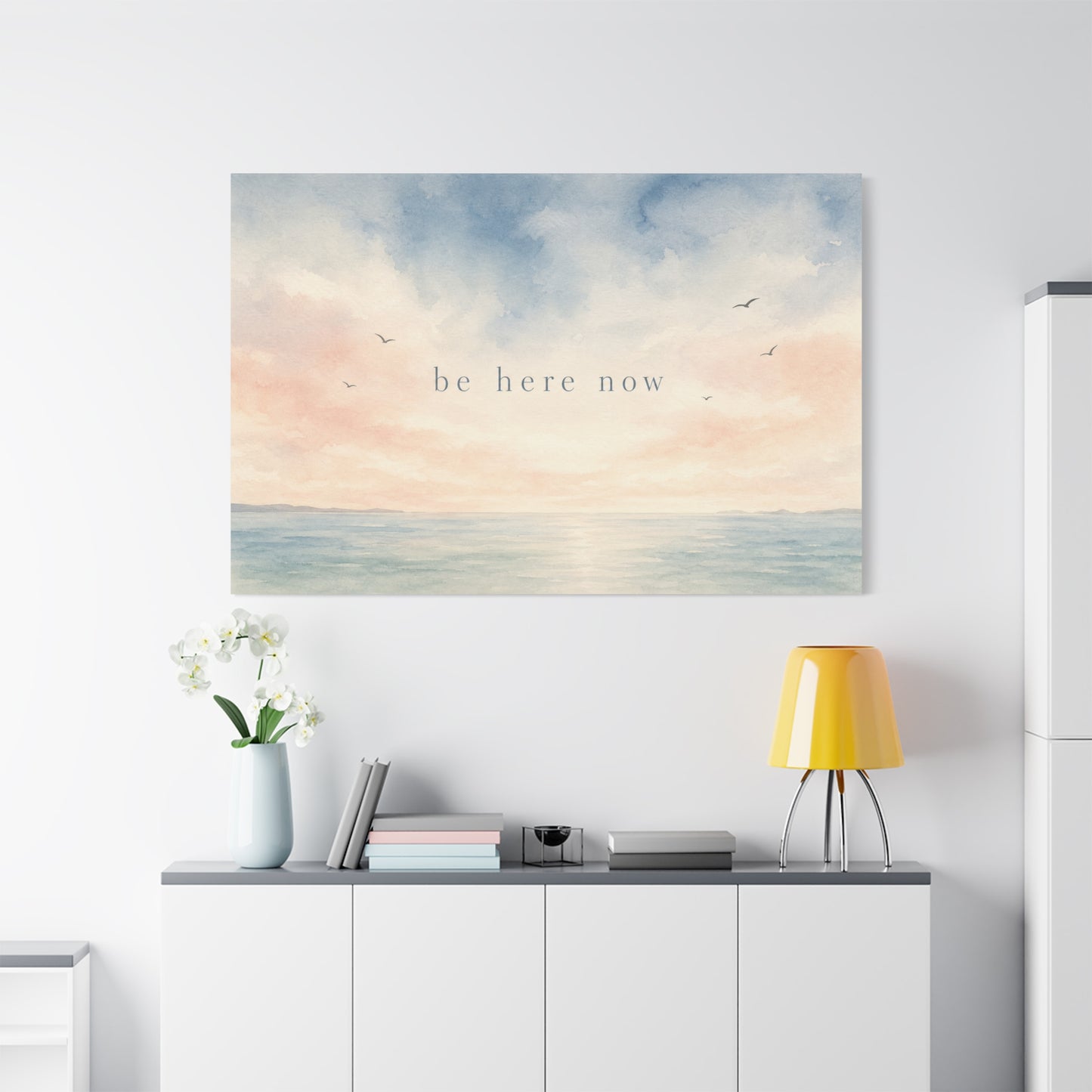 "Be Here Now" Coastal Canvas Wall Art - Pastel Ocean Seascape With Birds - Minimalist Inspirational Wall Decor - Serene Bedroom Home Decoration - Meditation Space Office Art - Bedroom Home Decoration