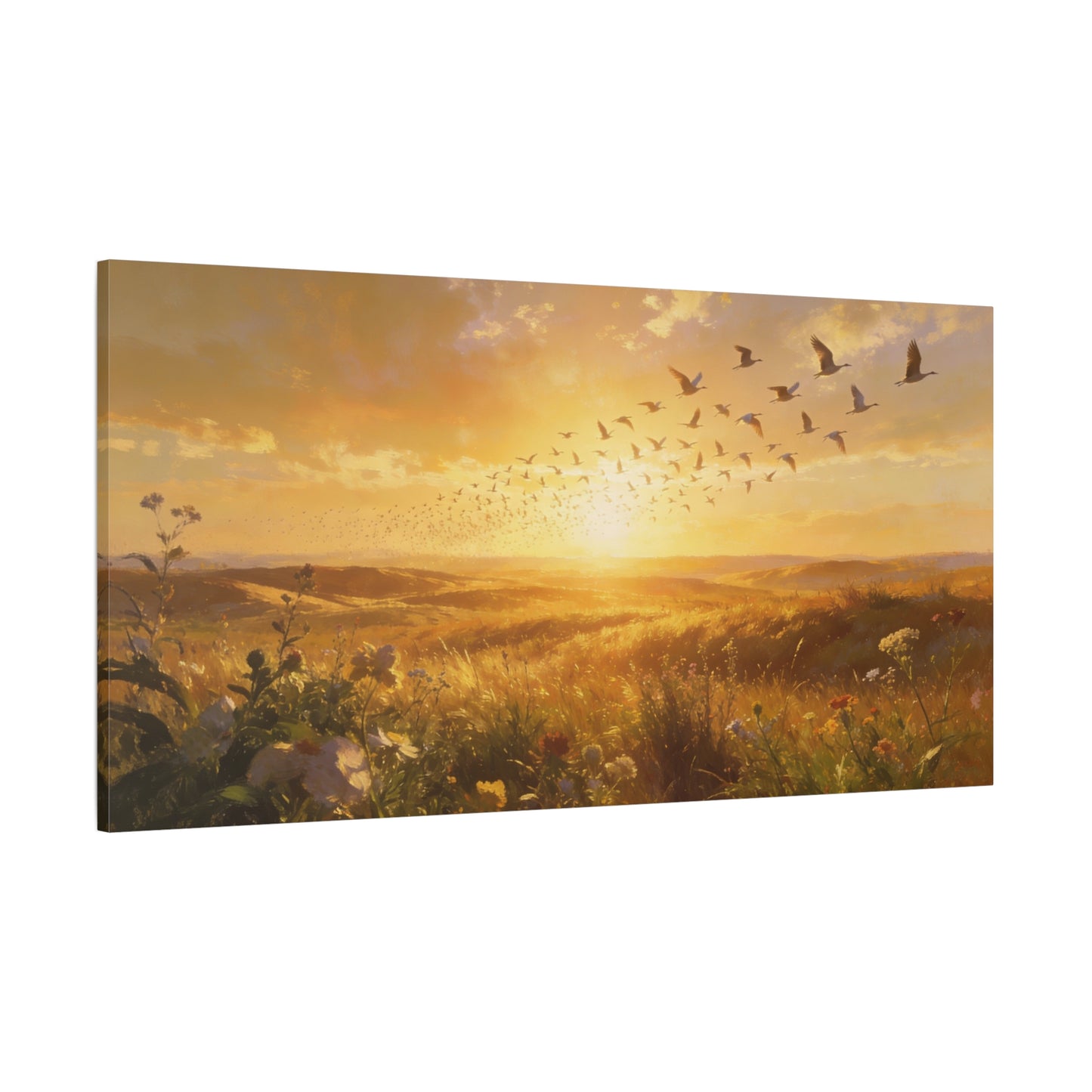 Golden Meadow Sunrise Canvas Wall Art - Flying Birds Over Wildflower Landscape, Lighted Patriotic Wall Hanging Banne Tone, Matte Finish Print - Rustic Living Room Decor - Bedroom Home Decoration