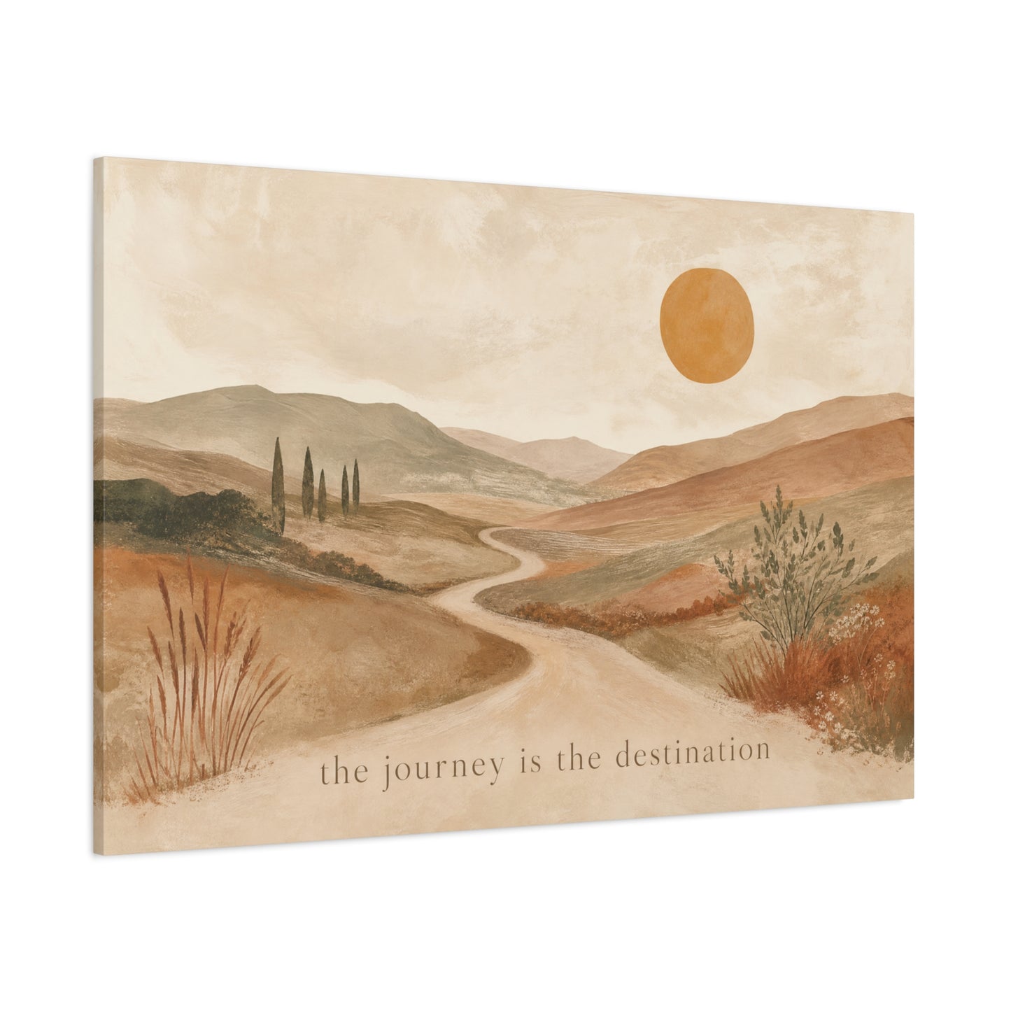 "The Journey Is The Destination" Landscape Canvas Wall Art - Desert Hills, Winding Path, Terracotta Sun - Minimalist Typography Print - Bedroom Wall Decor, Living Room Home Decoration - Ready to Hang
