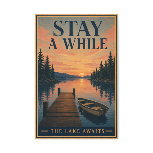 "Stay A While The Lake Awaits" Lake Sunset Canvas Wall Art - Vintage Dock And Rowboat Landscape Print, Rustic Cabin Decor, Bedroom Home Decoration, Entryway Accent - Office Wall Art - Ready to Hang