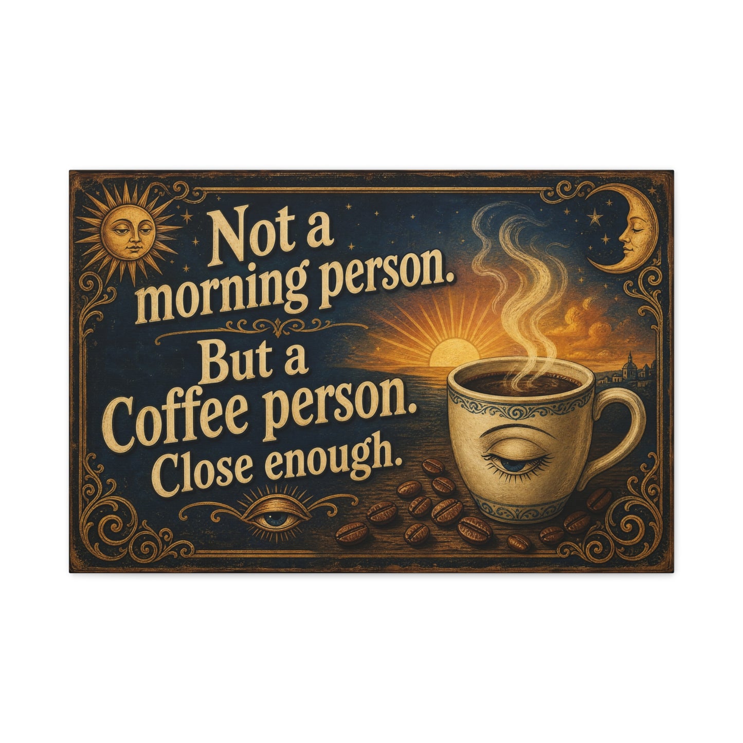 "Not A Morning Person. But A Coffee Person. Close Enough." Canvas Wall Art - Vintage Celestial Coffee Quote Decor, Matte Print - Bohemian Wall Hanging - Ready to Hang - Bistro Decor - HP Latex Print
