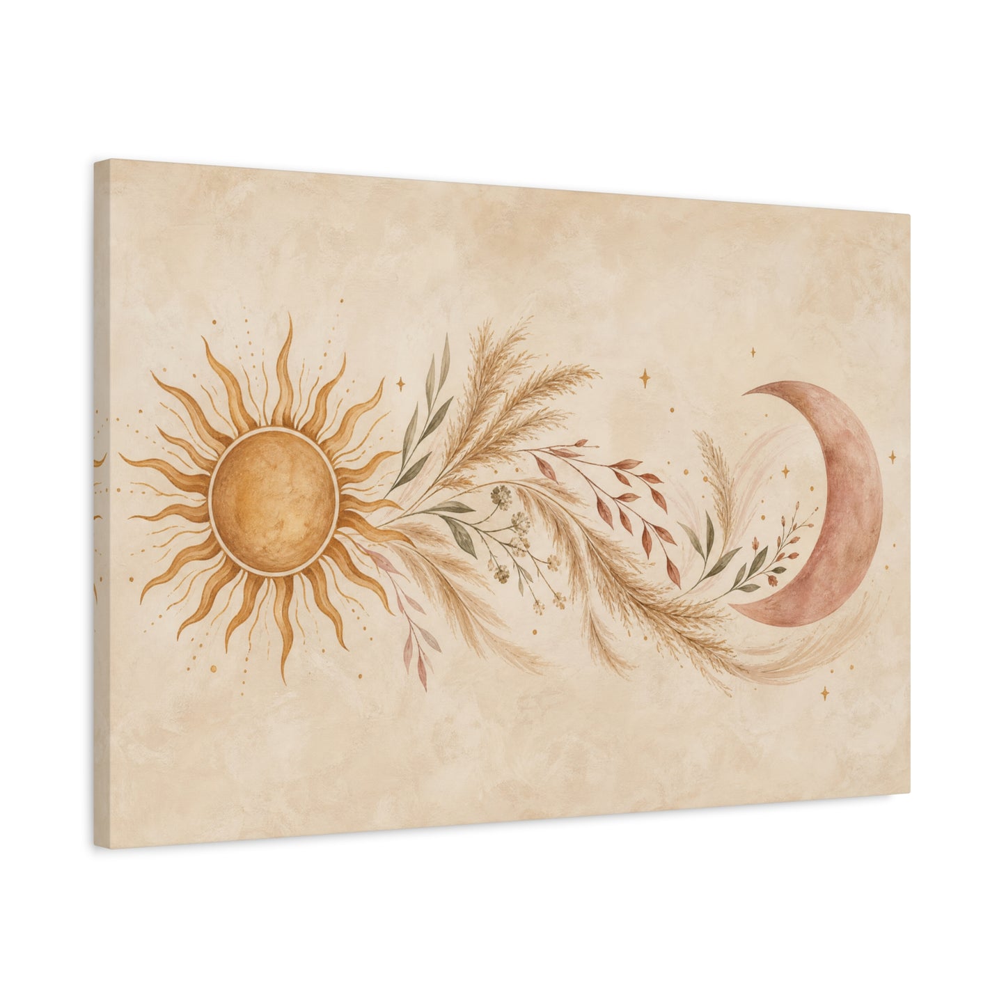 Boho Sun And Moon Canvas Wall Art - Celestial Botanical Pampas Grass Print - Neutral Beige Terracotta Modern Bohemian Decor - Bedroom Living Room Wall Decor - Meditation Space Accent - Ready to Hang