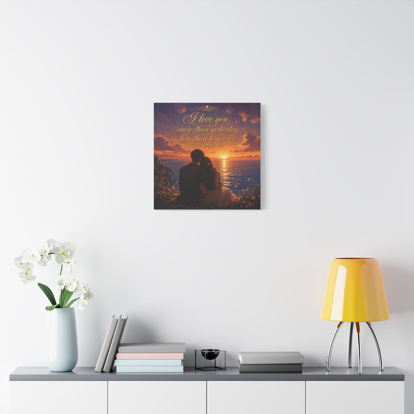 "I Love You More Than Yesterday, Less Than Tomorrow." Love Quote Canvas Wall Art - Romantic Sunset Ocean Couple Silhouette - Gold Script Seascape - Bedroom Wall Decor - Ready to Hang - Ready to Hang