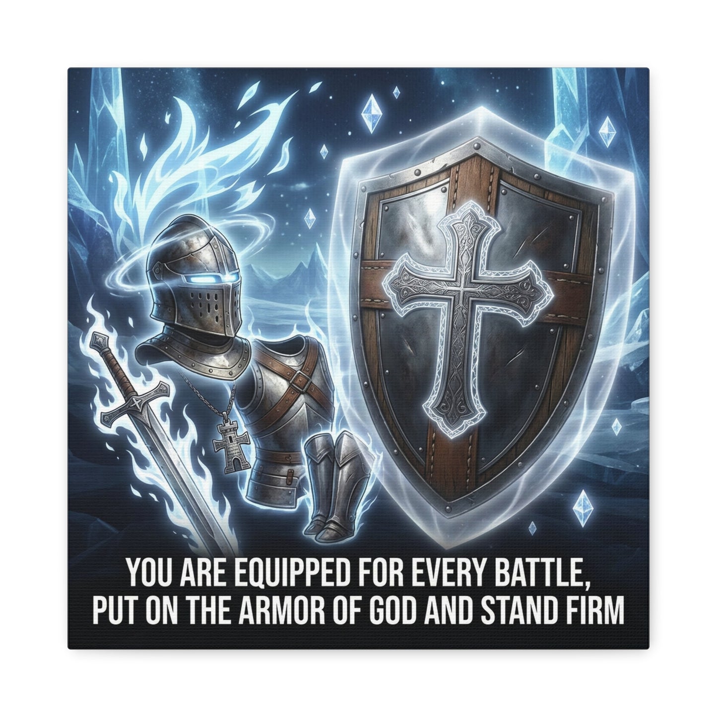 "You Are Equipped For Every Battle, Put On The Armor Of God And Stand Firm" Christian Canvas Wall Art - Knight Armor, Cross Shield, Scripture Decor - Blue Fantasy Style - Living Room - Office Wall Art
