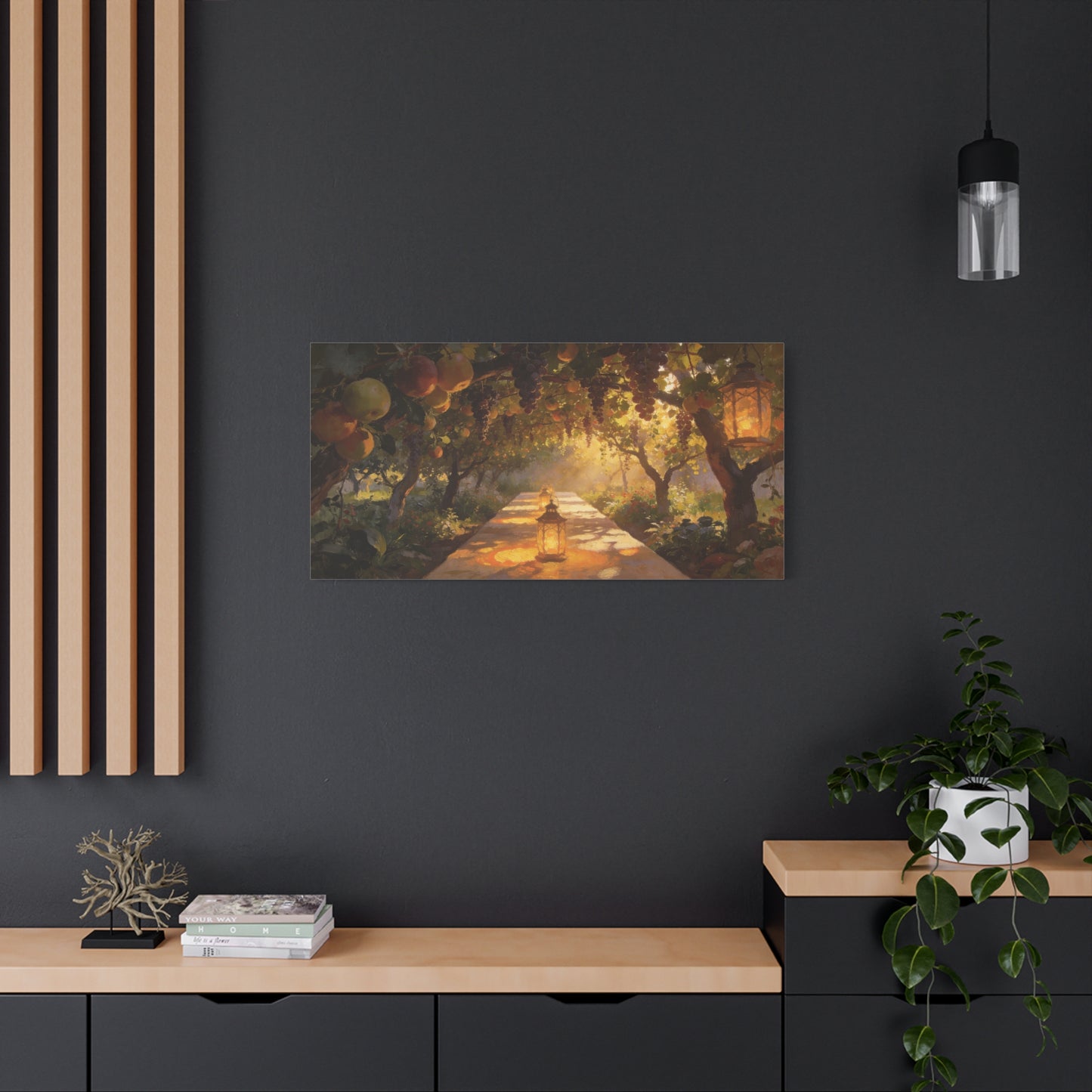 Fruit Orchard Canvas Wall Art - Lantern Lit Garden Path, Grape Vine And Apple Tree Painting - Matte Cotton Print, Rustic Traditional Style - Living Room Wall Decor, Bedroom Accent - Ready to Hang