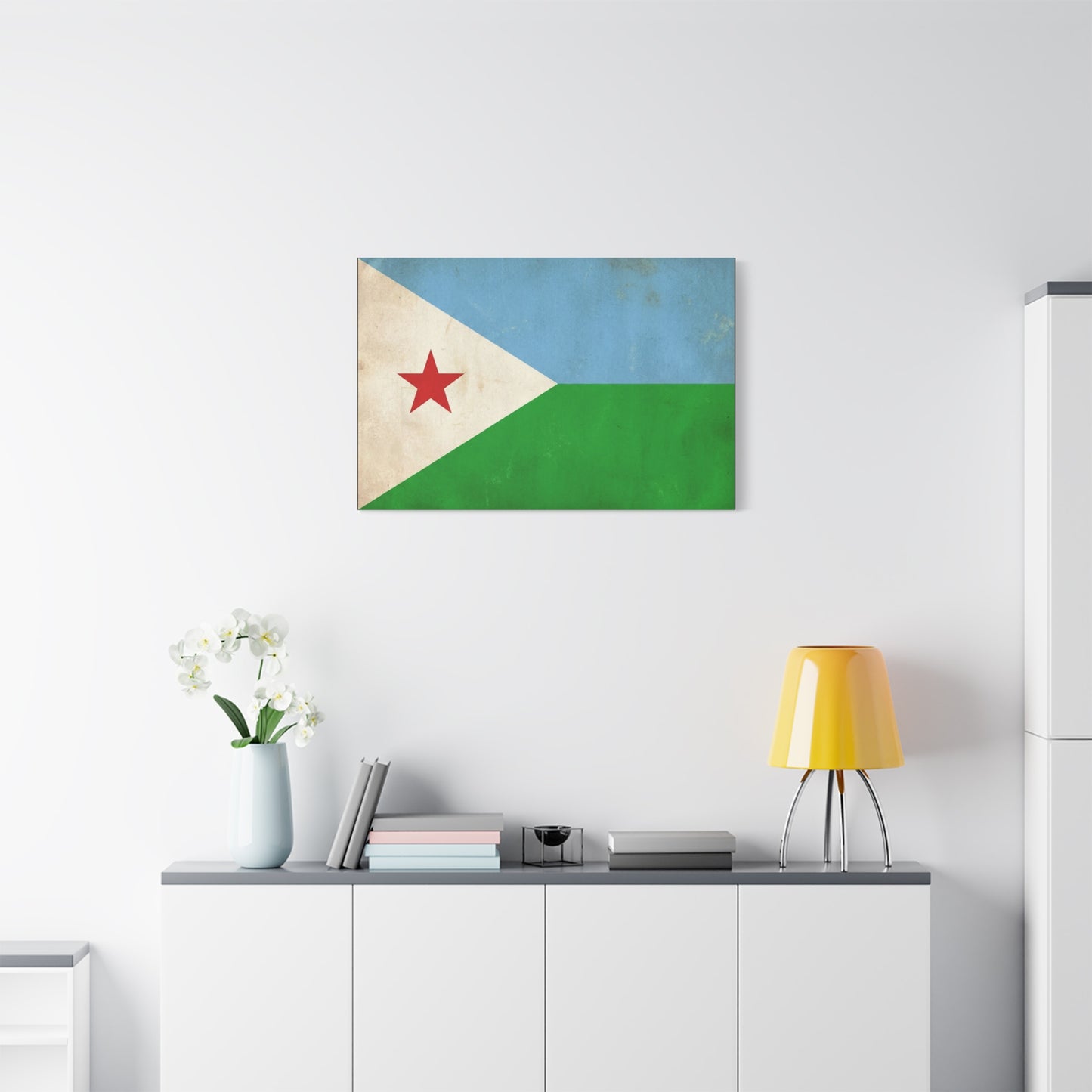 Djibouti Flag Canvas Wall Art - Vintage National Banner Print, Patriotic Home Decor - Distressed Blue Green White Red Star Design - Living Room Decoration - Living Room Wall Decor - Ready to Hang