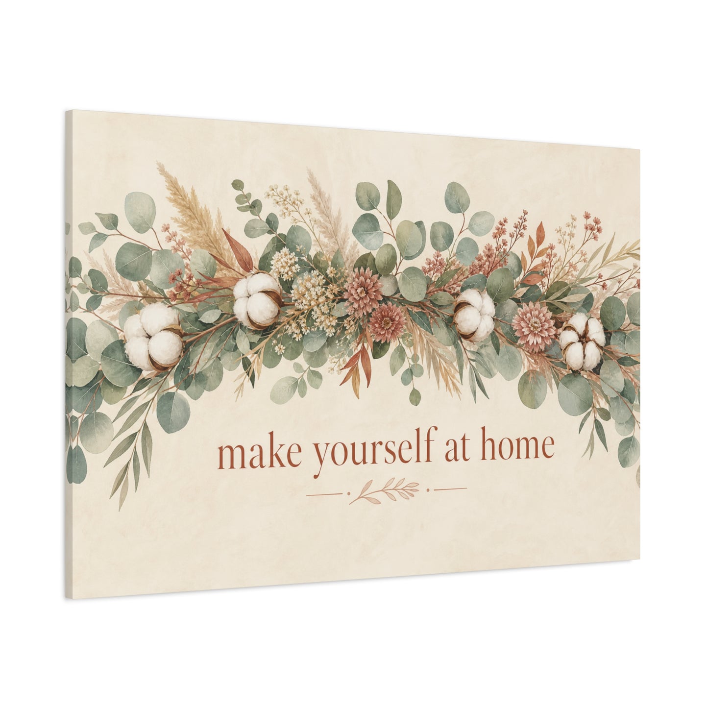 "Make Yourself At Home" Botanical Canvas Wall Art - Eucalyptus Cotton Stem Floral Quote Print - Rustic Farmhouse Style - Living Room Wall Decor - Modern Farmhouse Style - Bedroom Home Decoration