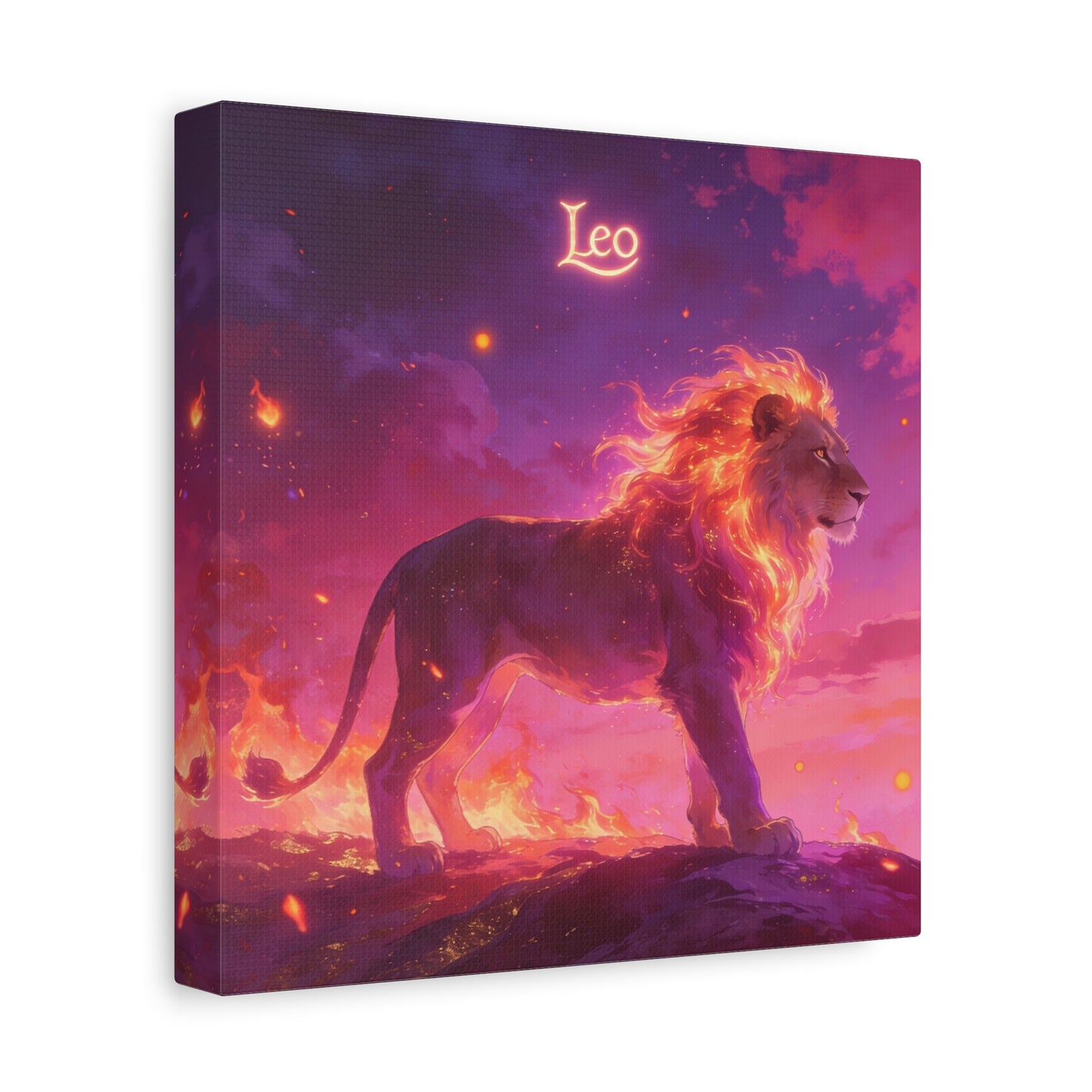 "Leo" Lion Canvas Wall Art - Fiery Zodiac Illustration, Purple Pink Sky, Matte Finish Canvas Print - Modern Astrology Decor, Bedroom Home Decoration, Office Wall Art Accent - Bedroom Home Decoration
