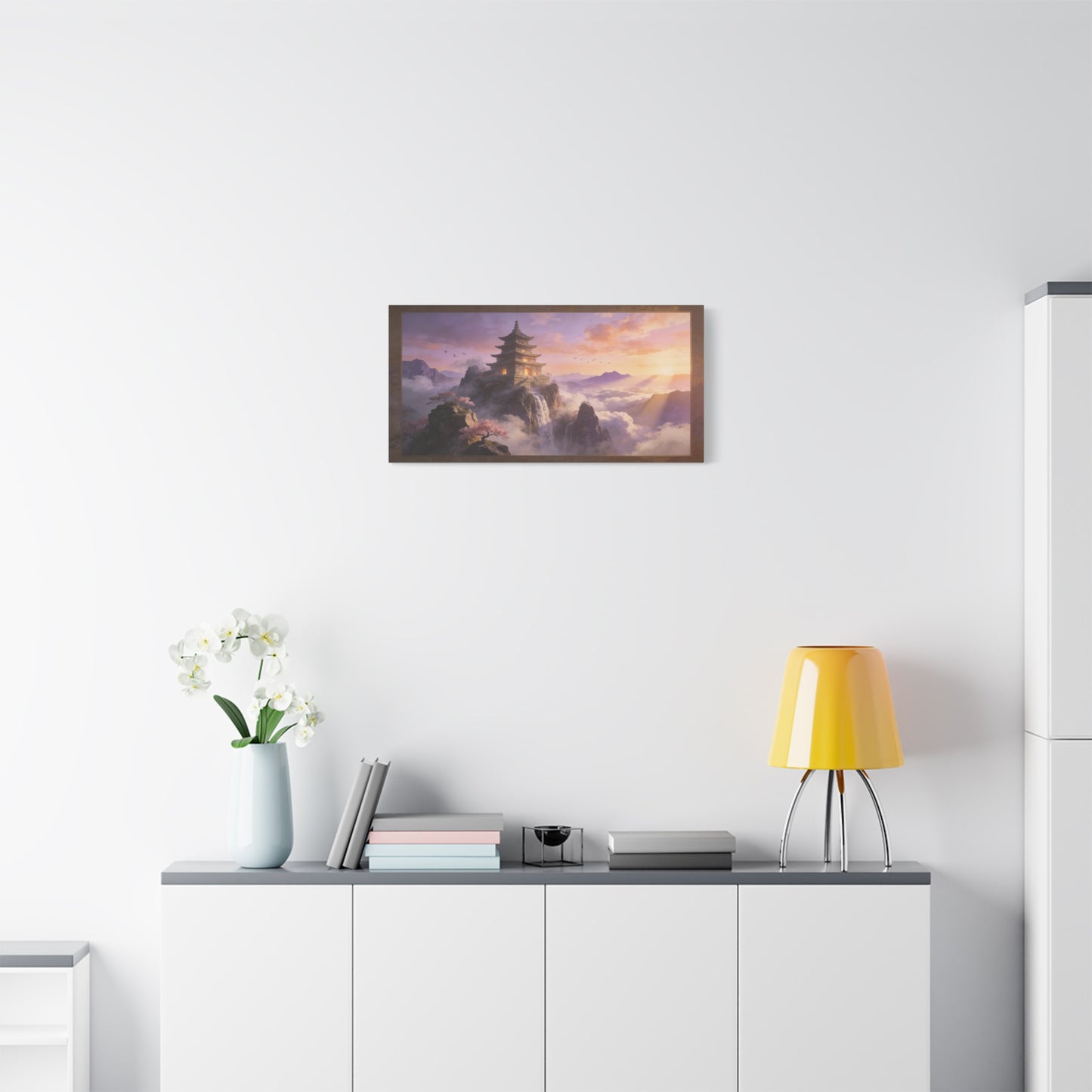 Mountain Pagoda Canvas Wall Art - Misty Sunrise Temple, Waterfall And Cherry Blossoms - Framed Landscape Print, Serene Traditional Style - Living Room Wall Decor, Bedroom Decoration - Ready to Hang