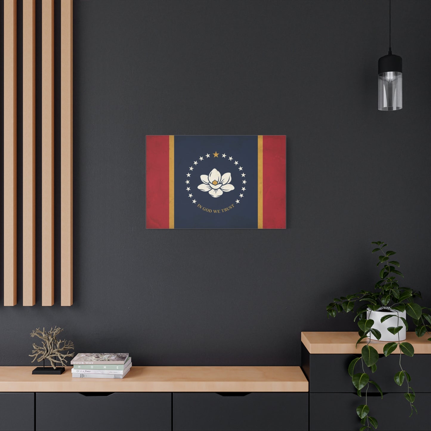 "In God We Trust" Mississippi State Flag Canvas Wall Art - Magnolia Emblem, Vintage Patriotic Decor - Rustic Americana Style - Living Room Wall Decor - Ready to Hang - Bedroom Home Decoration