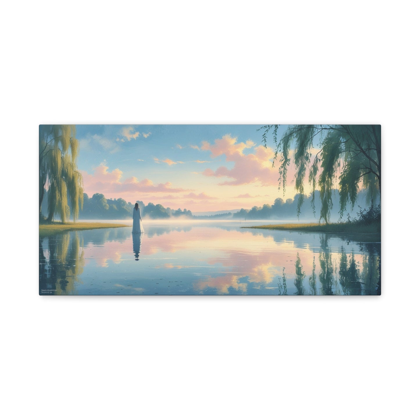 Woman In White By Misty Lake Canvas Wall Art - Pastel Sunrise Waterscape, Willow Trees Reflection - Matte Cotton Print - Contemporary Landscape Decor For Living Room Bedroom Office - Office Wall Art