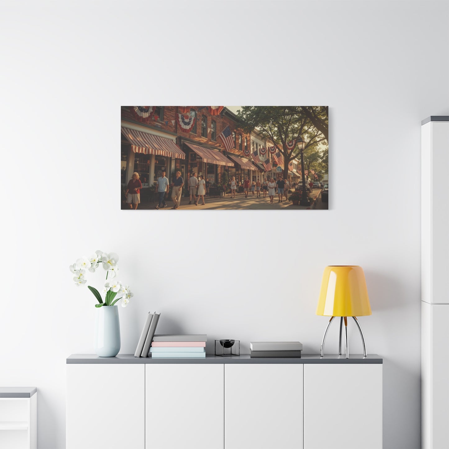 Patriotic Main Street Canvas Wall Art - American Flag Small Town Streetscape, Golden Hour Art Print - Vintage Americana Style - Living Room Wall Decor, Office Art Accent - Ready to Hang