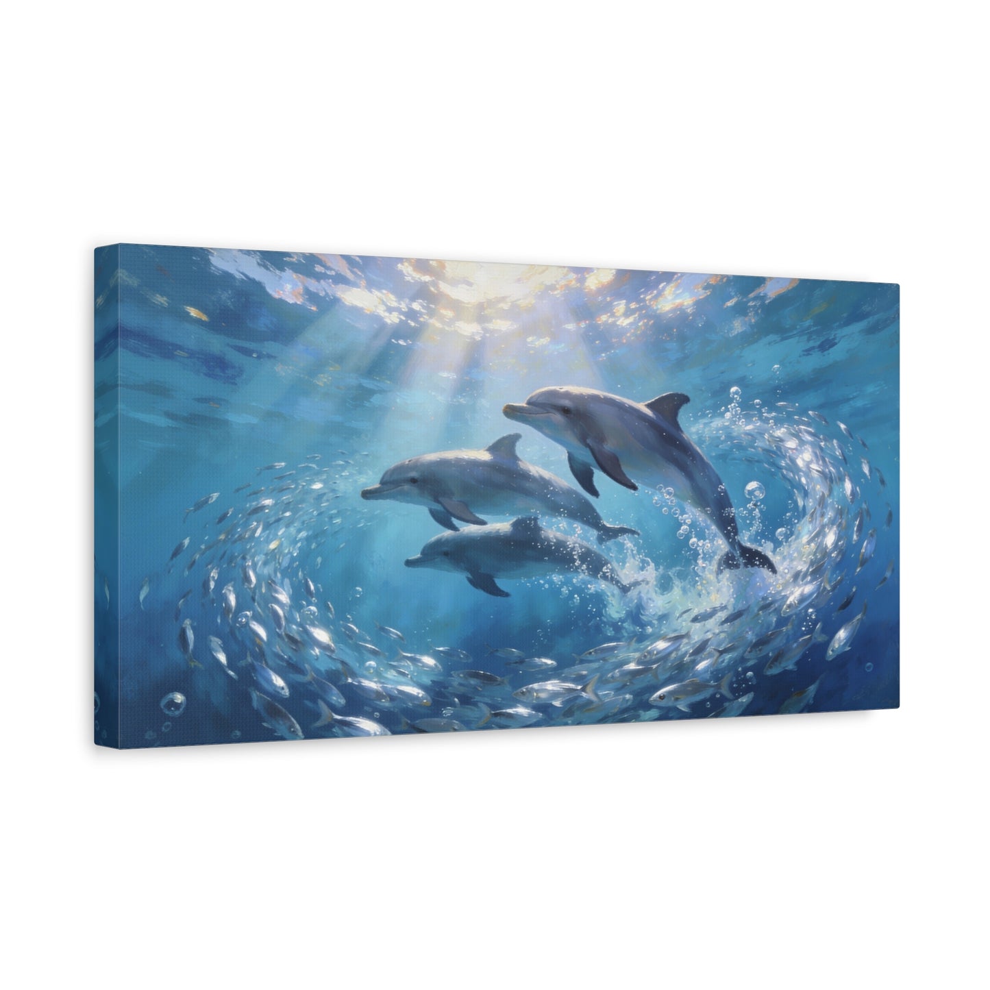 Dolphin Ocean Canvas Wall Art - Blue Underwater Marine Life Scene, Sunbeam Seascape Print - Coastal Style, Serene Living Room Wall Decor, Bedroom Home Decoration Accent - Bedroom Home Decoration