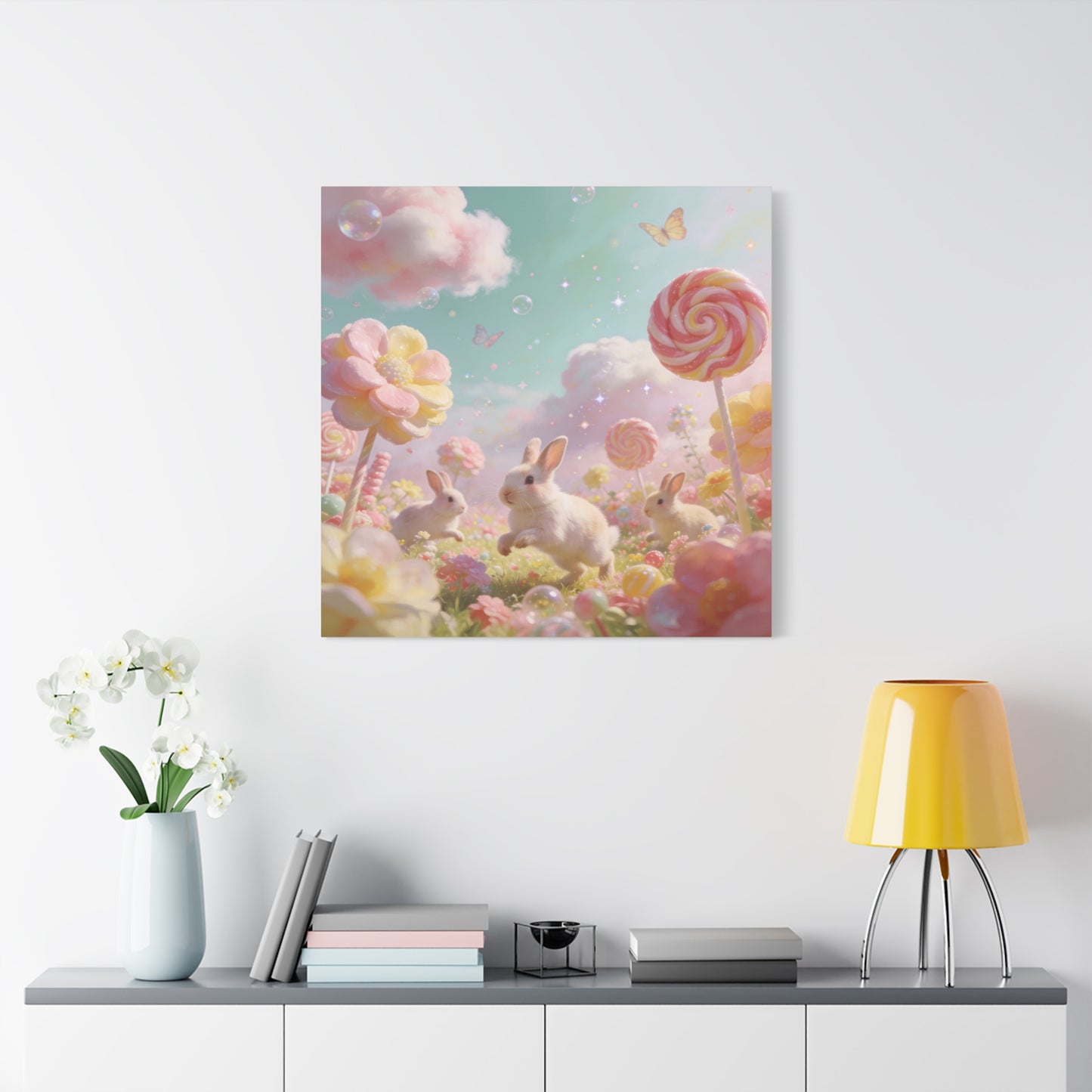 Bunny Candyland Canvas Wall Art - Pastel Rabbit Meadow, Lollipop Flowers, Dreamy Nursery Wall Decor - Whimsical Illustration - Bedroom Home Decoration, Kids Room Accent - Bedroom Home Decoration