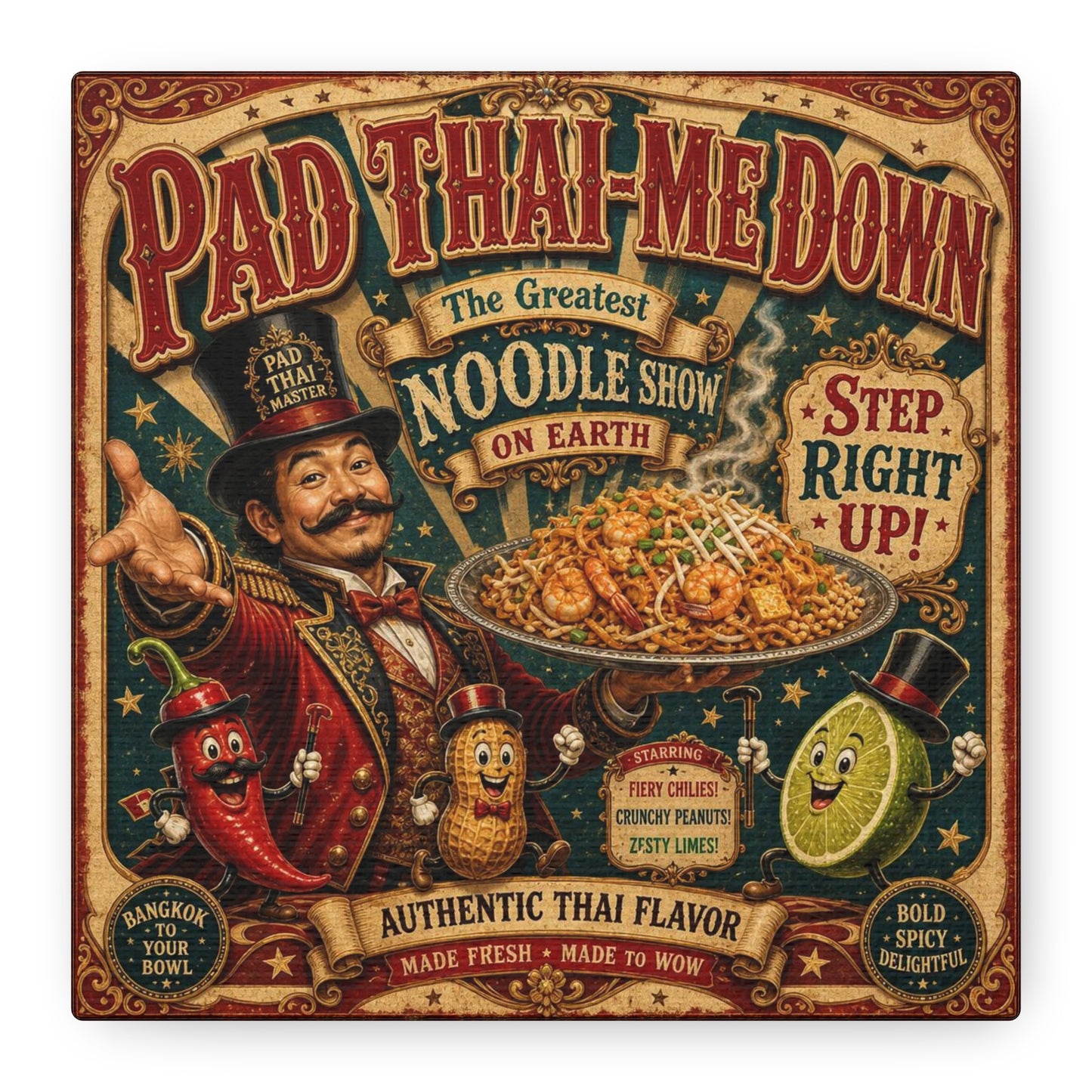 "Pad Thai-Me Down" Canvas Wall Art - Vintage Circus Noodle Poster, Typography Illustration, Whimsical Restaurant Decor, Cafe Wall Decor, Retro Kitchen Accent, Matte Canvas Print - Ready to Hang