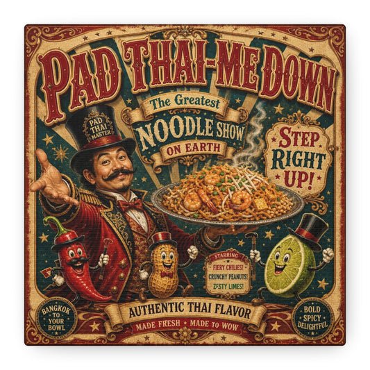 "Pad Thai-Me Down" Canvas Wall Art - Vintage Circus Noodle Poster, Typography Illustration, Whimsical Restaurant Decor, Cafe Wall Decor, Retro Kitchen Accent, Matte Canvas Print - Ready to Hang