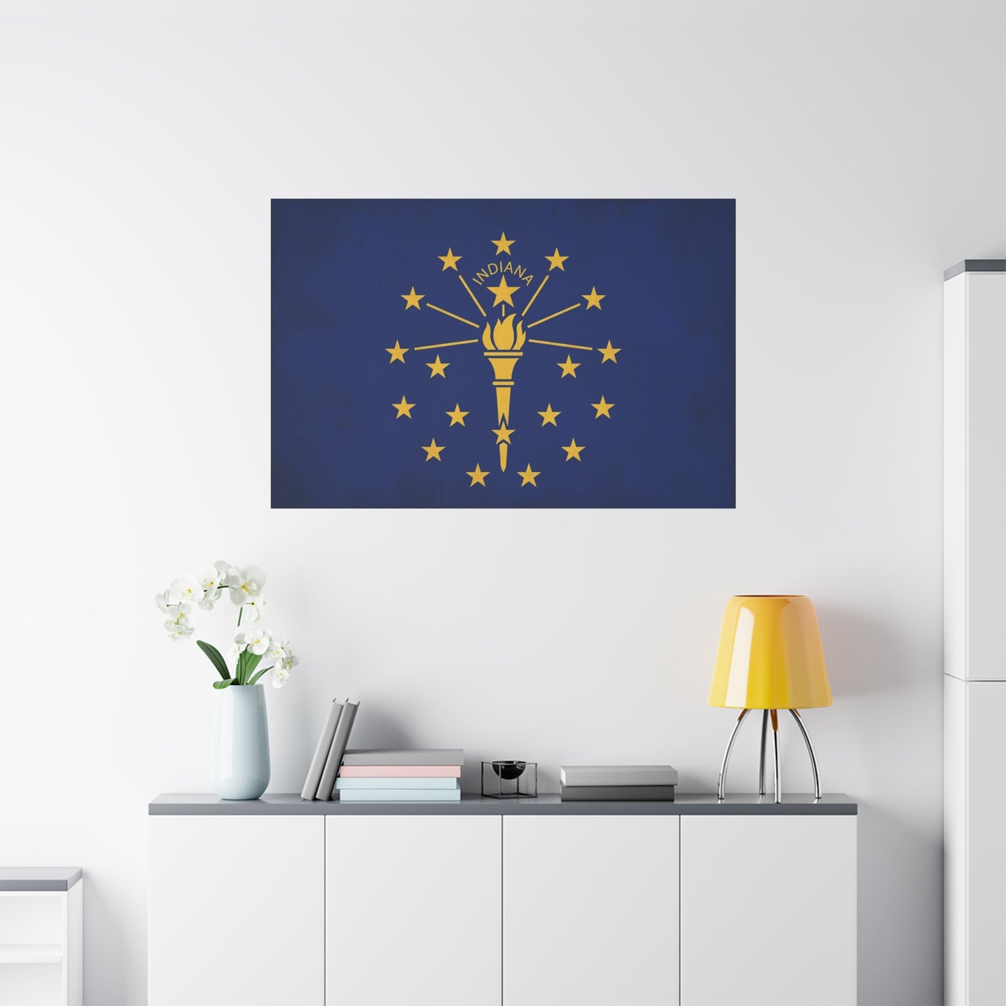 Indiana State Flag Canvas Wall Art - Blue Gold Torch Stars Print, Patriotic Decor - Matte Cotton Artwork - Living Room Wall Decor, Office Art, Dorm Decoration Accent - Bedroom Home Decoration