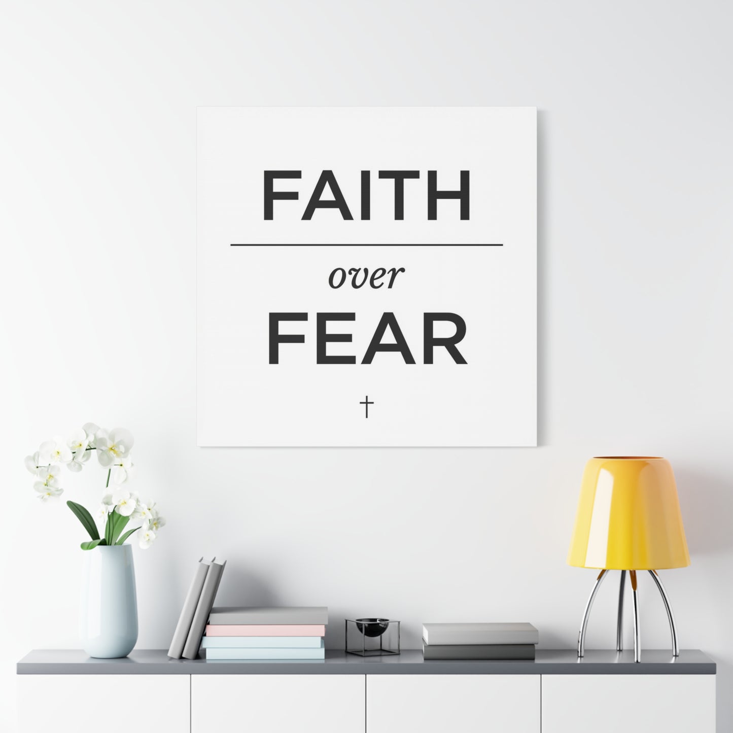 "Faith Over Fear" Christian Canvas Wall Art - Minimalist Bible Verse Cross Print, Black And White Typography Decor - Modern Farmhouse Style - Living Room Bedroom Office Wall Decor