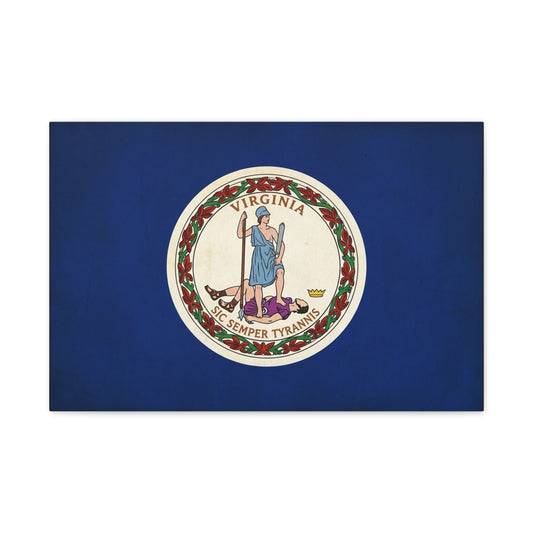 "Virginia" "Sic Semper Tyrannis" State Flag Canvas Wall Art - Vintage Commonwealth Seal Print, Blue Banner Decor, Patriotic Heritage Style, Living Room Wall Decor, Office Accent - Ready to Hang