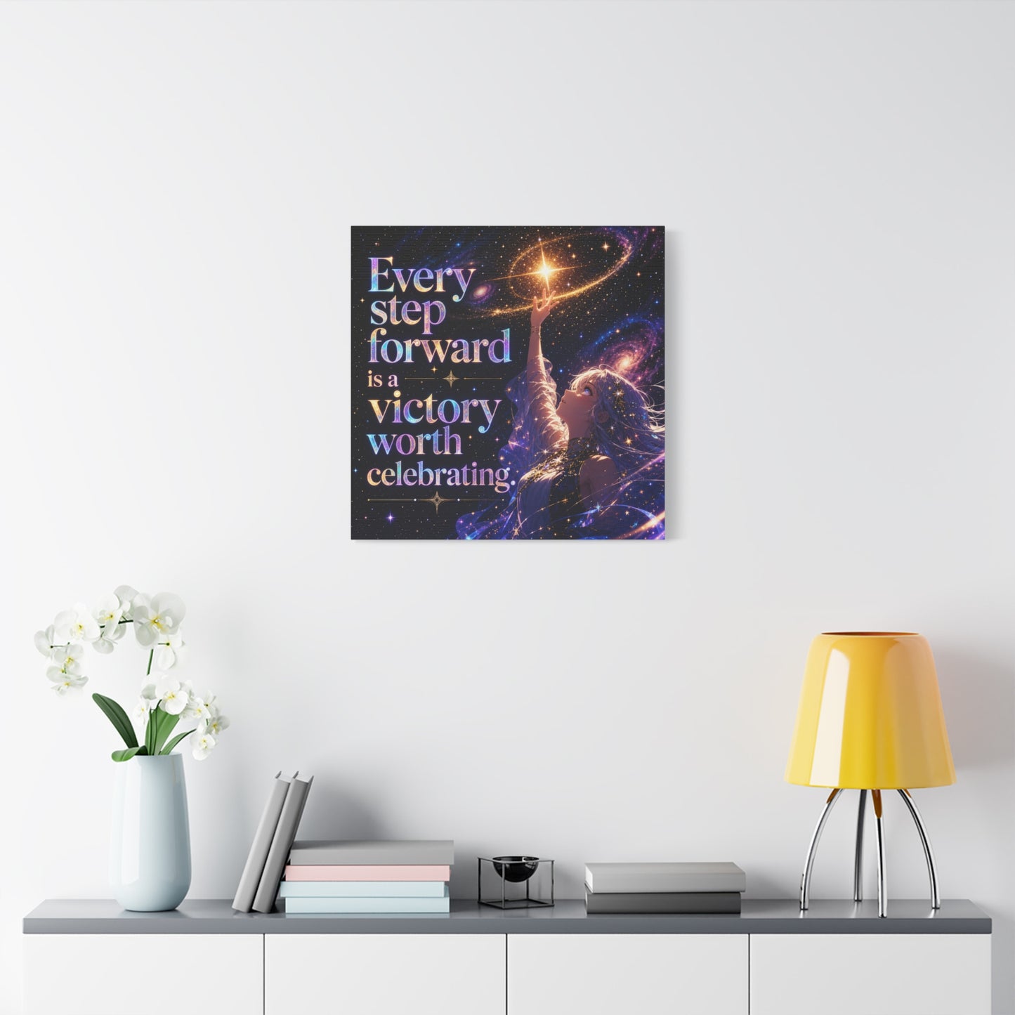 "Every Step Forward Is A Victory Worth Celebrating" Inspirational Canvas Wall Art - Cosmic Anime Girl Galaxy Quote Print - Celestial Purple Blue Decor - Bedroom Home Decoration - Office Wall Art