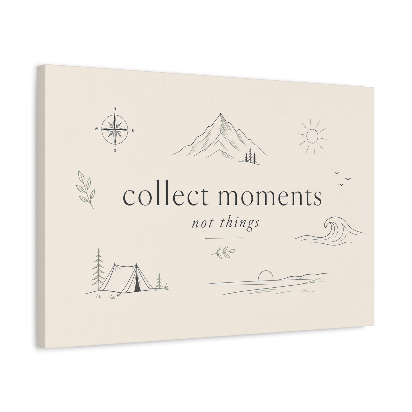 "Collect Moments Not Things" Minimalist Canvas Wall Art - Mountain, Compass, Wave Line Drawing - Neutral Typography Print - Boho Modern Wall Decor For Living Room, Bedroom, Office Accent
