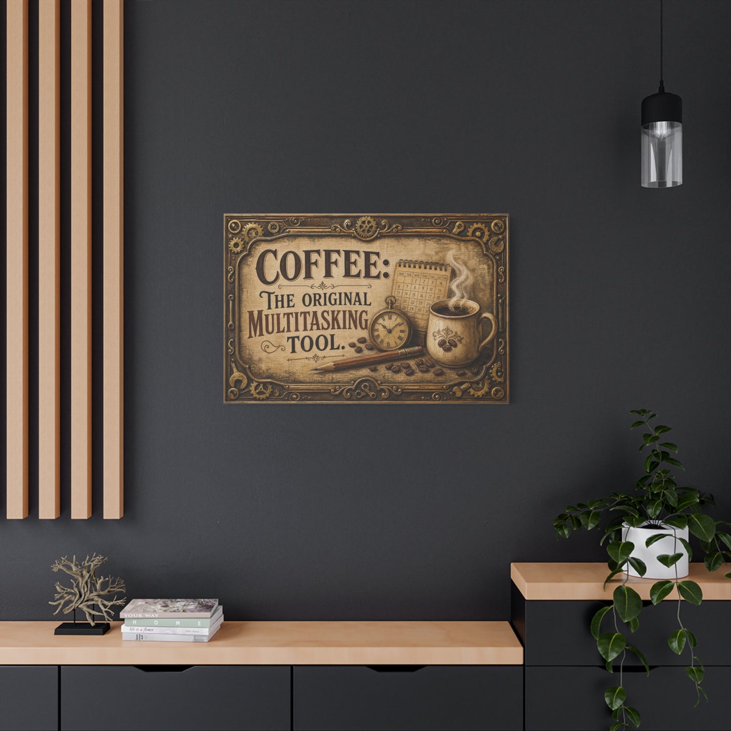 "Coffee: The Original Multitasking Tool." Canvas Wall Art - Vintage Coffee Cup Quote Print, Rustic Wall Decor, Steampunk Style, Cafe Accent - Ready to Hang - Bistro Decor - Espresso Bar Sign
