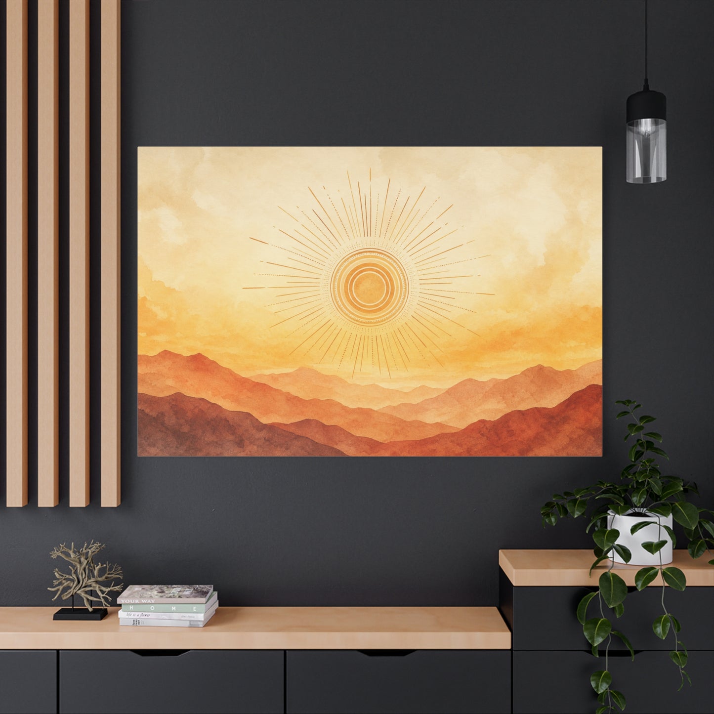 Sunburst Desert Mountain Canvas Wall Art - Golden Watercolor Landscape Print, Contemporary Southwest Style - Living Room Wall Decor, Bedroom Home Decoration, Meditation Space Accent - Ready to Hang