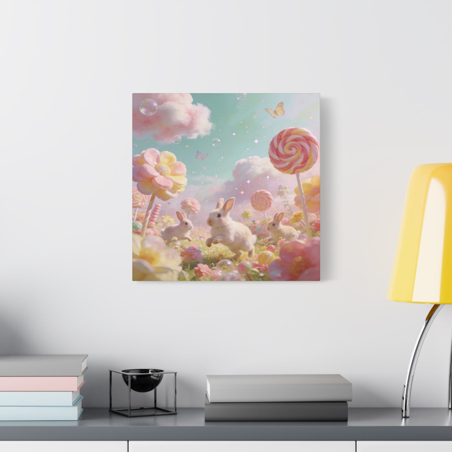 Bunny Candyland Canvas Wall Art - Pastel Rabbit Meadow, Lollipop Flowers, Dreamy Nursery Wall Decor - Whimsical Illustration - Bedroom Home Decoration, Kids Room Accent - Bedroom Home Decoration