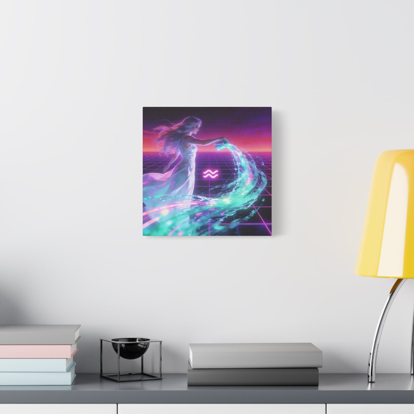 Aquarius Woman Canvas Wall Art - Neon Water Bearer Zodiac Illustration, Retro Synthwave Aesthetic - Matte Canvas Print - Bedroom Wall Decor, Home Office Accent, Mystical Decor - Modern Farmhouse Style