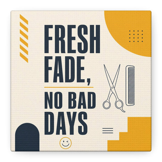 "Fresh Fade, No Bad Days" Barber Shop Canvas Wall Art - Scissors And Comb Typography Print - Modern Yellow Black Salon Decor - Workspace Wall Decor, Lobby Wall Art Accent - Gallery Wrapped Canvas