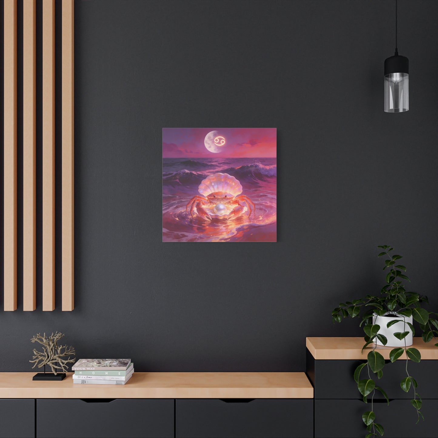 Cancer Zodiac Crab Canvas Wall Art - Moonlit Ocean Pearl Illustration, Pink Purple Seascape - Surreal Coastal Style - Living Room Wall Decor, Bedroom Home Decoration - Bedroom Home Decoration