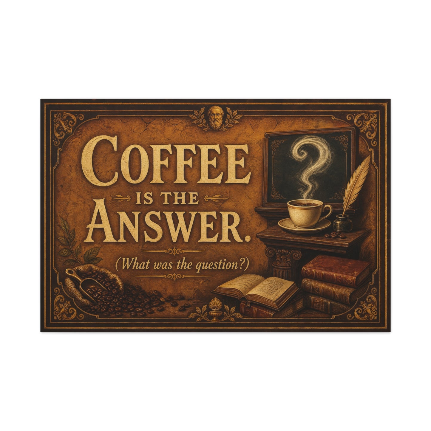 Coffee Is The Answer. What Was The Question Canvas Wall Art - Vintage Coffee Cup, Books, Bean Sack Decor - Rustic Typography Print - Cafe Interior, Study Room Decoration - Cafe Wall Art - Bistro Decor