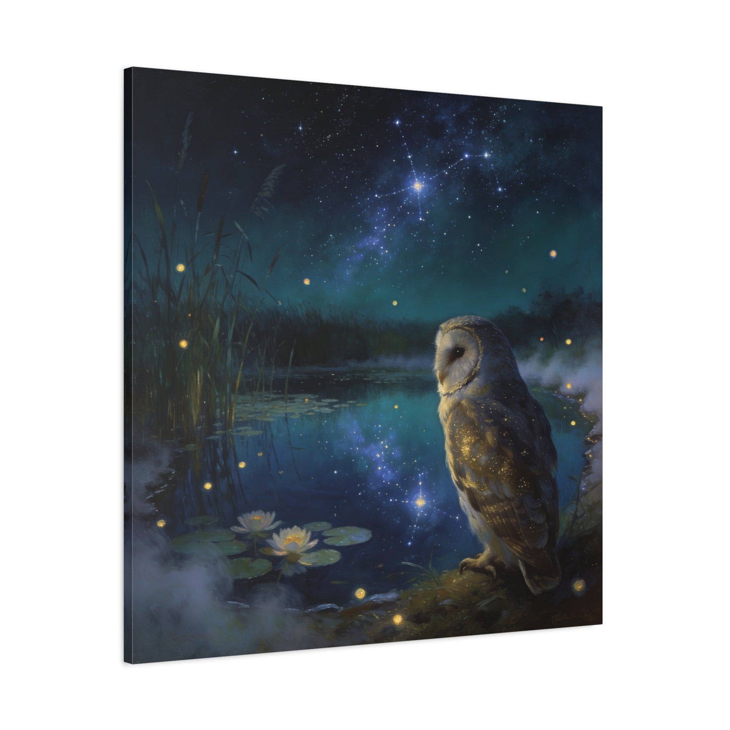 Barn Owl Canvas Wall Art - Moonlit Pond, Fireflies, Water Lilies, Starry Night Sky - Dreamy Wildlife Painting - Matte Finish Canvas Print - Bedroom Wall Decor, Nursery Accent - Bedroom Home Decoration