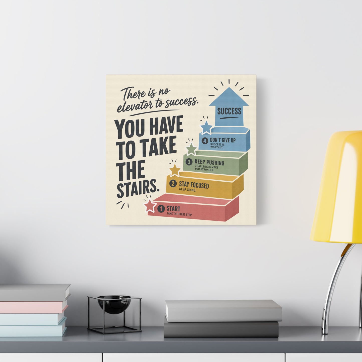 "There Is No Elevator To Success. You Have To Take The Stairs." Motivational Canvas Wall Art - Typography Quote Print, Office Decor, Classroom Poster, Modern Inspirational Home Decoration