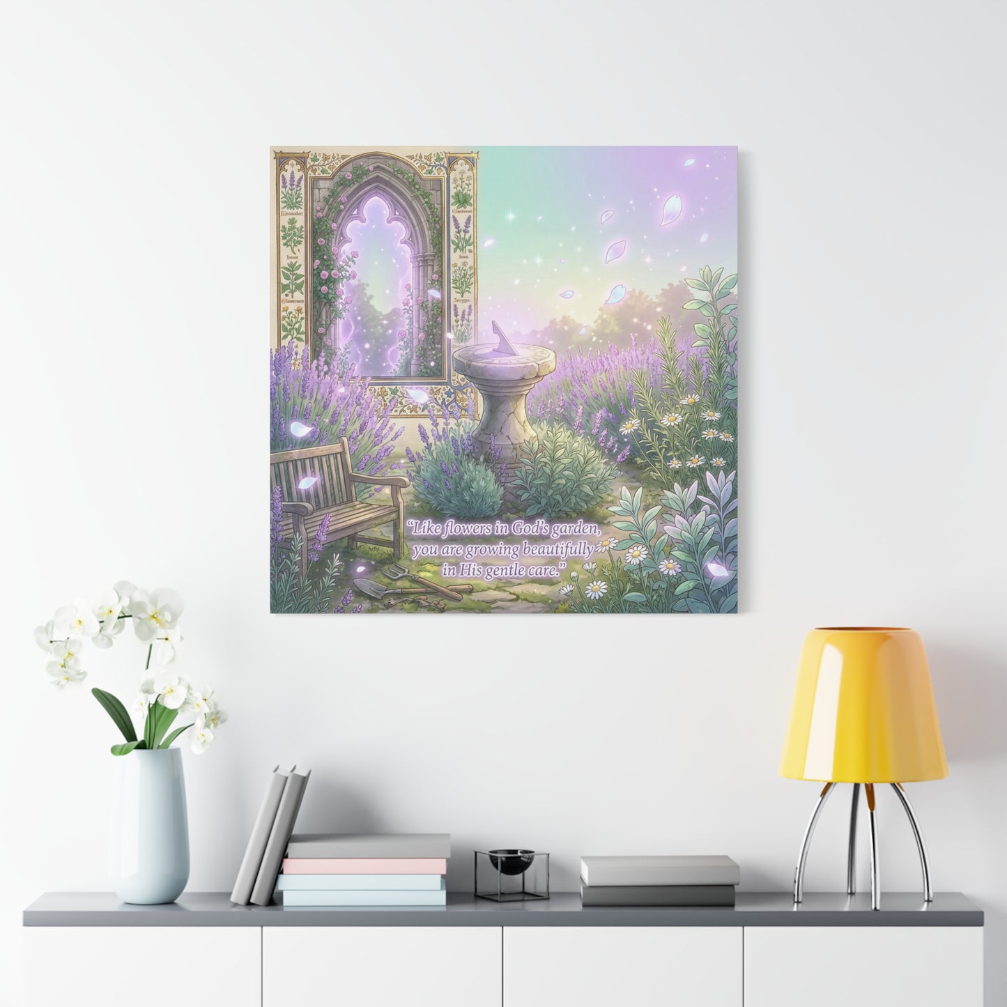 "Like Flowers In God's Garden, You Are Growing Beautifully In His Gentle Care" Canvas Wall Art - Lavender Garden Arch, Sundial Bench - Pastel Botanical Decor For Bedroom Living Room - Office Wall Art