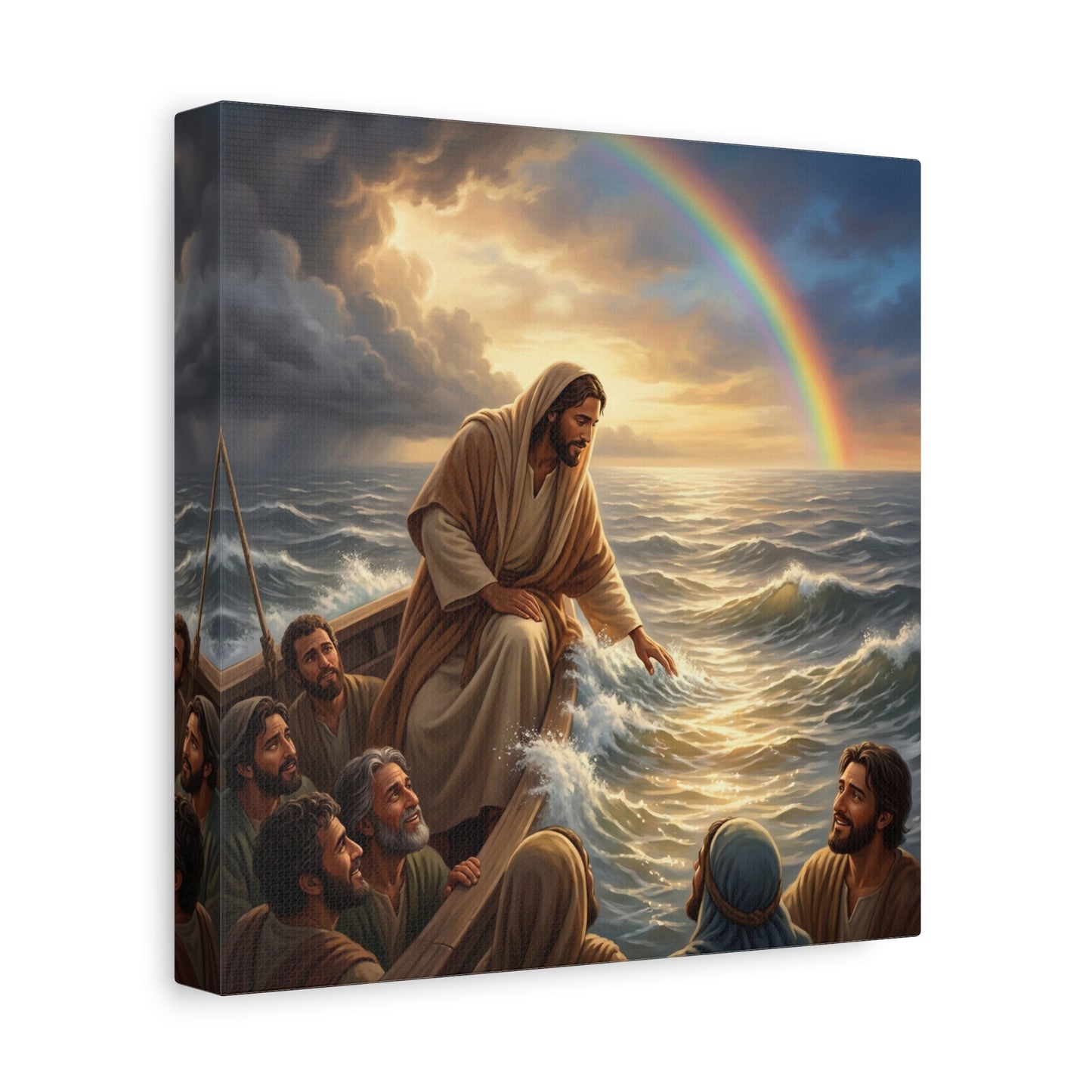 Jesus Christ Walking On Water Canvas Wall Art - Rainbow Over Stormy Sea, Disciples In Boat - Matte Cotton Print - Traditional Religious Style - Living Room Wall Decor - Bedroom Home Decoration