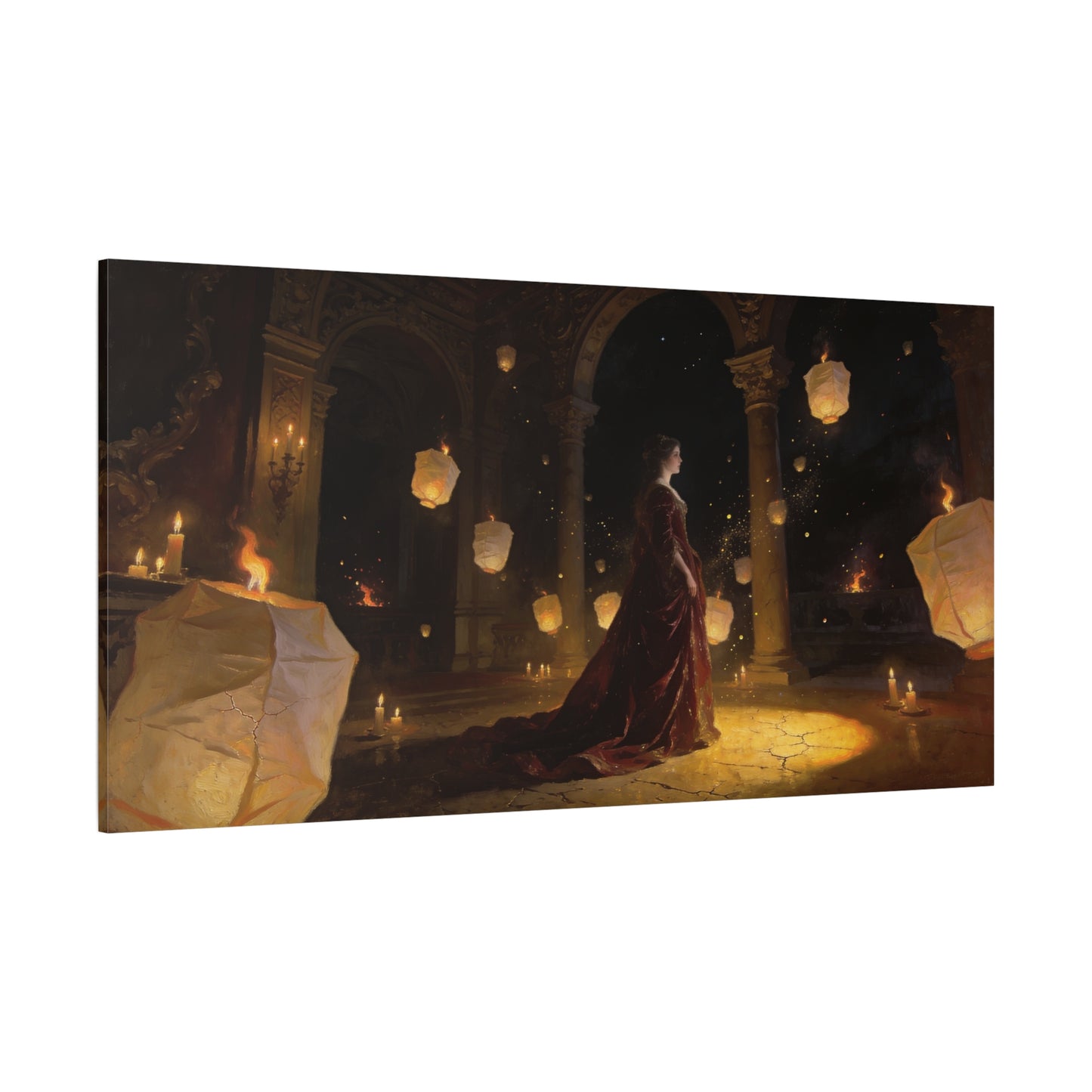 Woman In Candlelit Palace Canvas Wall Art - Floating Lantern Fantasy Scene, Dark Romantic Matte Canvas Print - Traditional Style, Living Room Wall Decor, Bedroom Home Accent - Bedroom Home Decoration