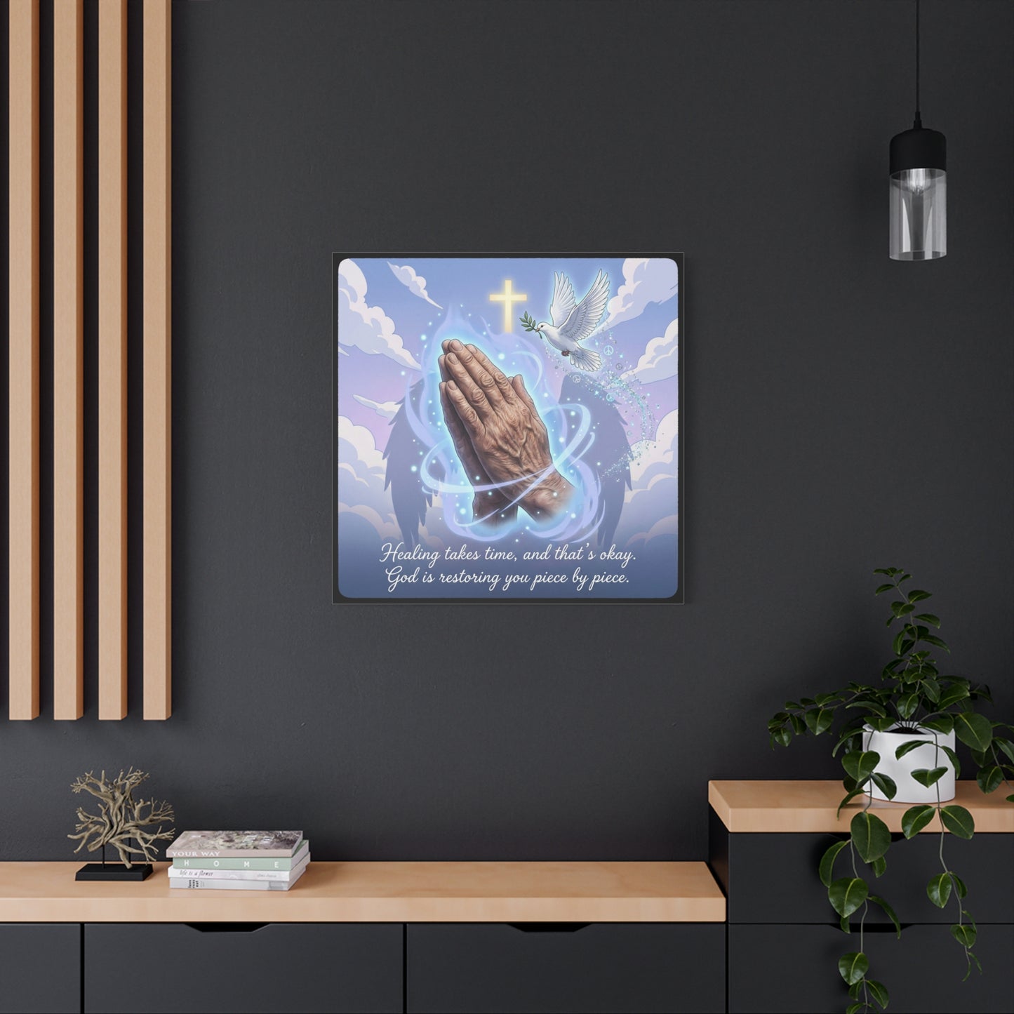 "Healing Takes Time, And That’s Okay. God Is Restoring You Piece By Piece." Christian Canvas Wall Art - Praying Hands, Dove, Cross - Faith Inspired Blue Sky Decor - Bedroom Living Room Office