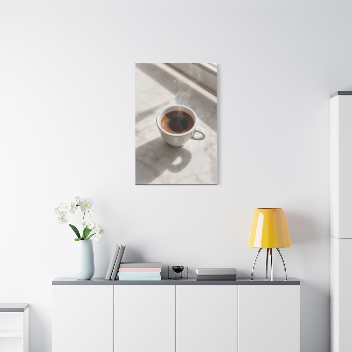 Steaming Espresso Coffee Cup Canvas Wall Art - Minimalist Sunlit Art Print, Matte Cotton Print - Contemporary Kitchen Decor, Dining Room Accent, Cafe Wall Decor, Office Art - Bedroom Home Decoration